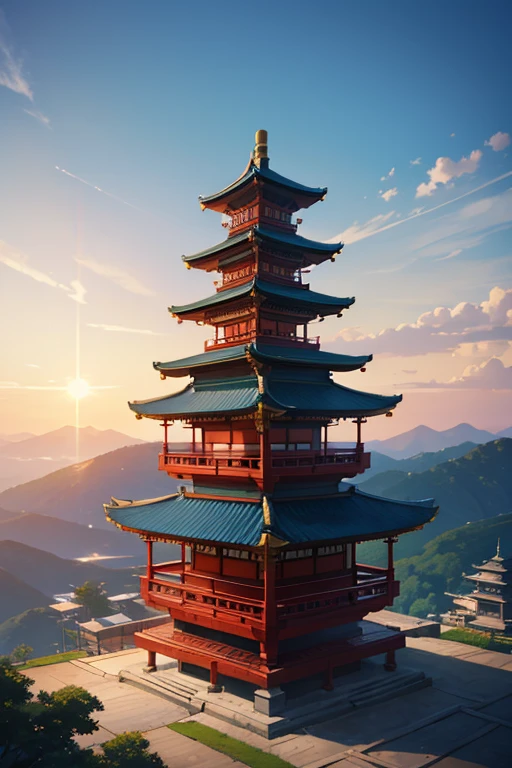 Buildings view with sky background and sun, a temple background, Mysterious temple setting, 禅宗a temple background, background depicting a temple, anime scene, dojo on a mountain, anime backgrounds, Anime beautiful peaceful scene, japanese feudal background, 《Kola Legend》poser, japanese temples, Anime landscapes, japanese temples, Opening scene, Ehime