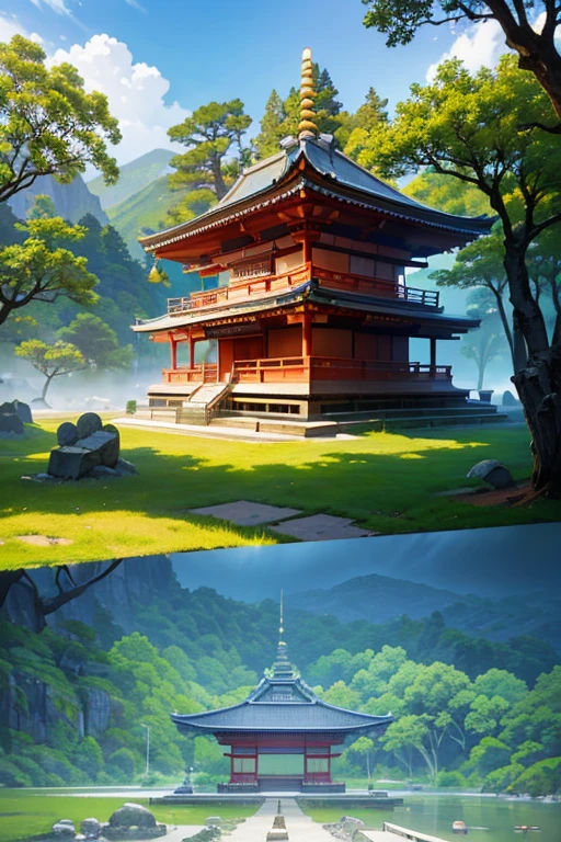 (best quality,4k,8k,highres,masterpiece:1.2),ultra-detailed,(realistic,photorealistic,photo-realistic:1.37),sky background,sunlit architectural view,temple background,mystical temple setting,Zen temple background,depicting temple background,anime scene,dojo on the mountain,anime background,anime beautiful peaceful scene,feudal Japan background,scene from "Kora Legend",Japanese temple,anime landscape,Japanese temple,opening scene,Ehime