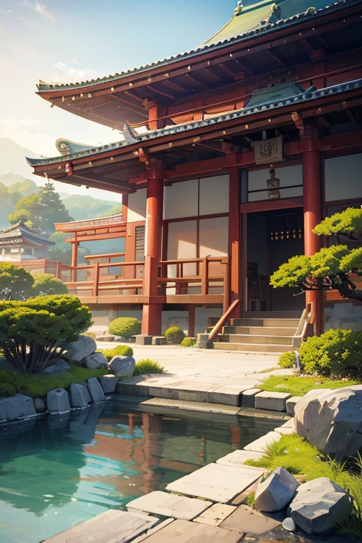 (best quality,4k,8k,highres,masterpiece:1.2),ultra-detailed,(realistic,photorealistic,photo-realistic:1.37),sky background,sunlit architectural view,temple background,mystical temple setting,Zen temple background,depicting temple background,anime scene,dojo on the mountain,anime background,anime beautiful peaceful scene,feudal Japan background,scene from "Kora Legend",Japanese temple,anime landscape,Japanese temple,opening scene,Ehime