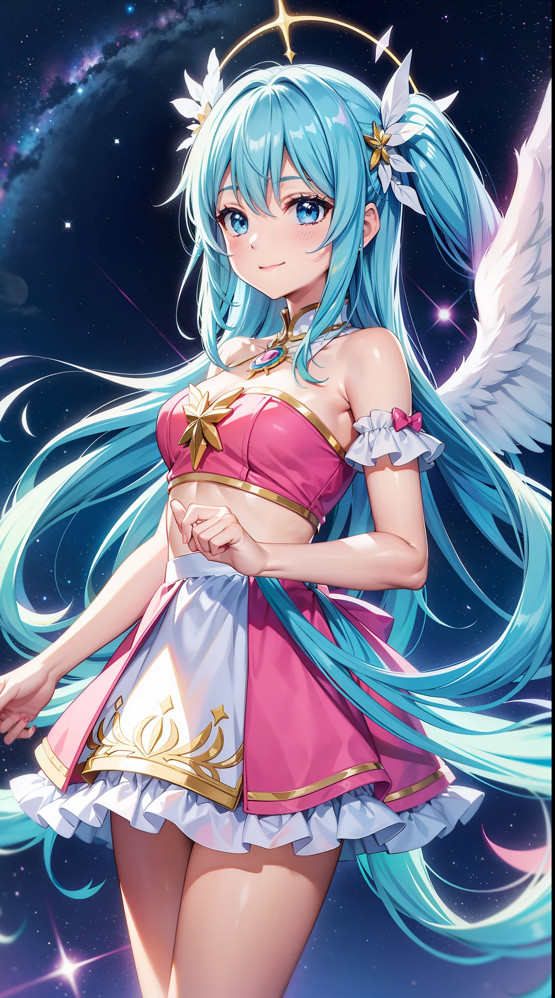 Super Idol　a beauty girl　A charming smile　sky blue hair　length hair　Twin-tailed　Glittery bright pink and white and blue and yellow outfit　facing front　Angel wings on background　Mystical　Fantasia　constellation　a moon　Crystal Brilliance　Aurora Borealis in the Night Sky