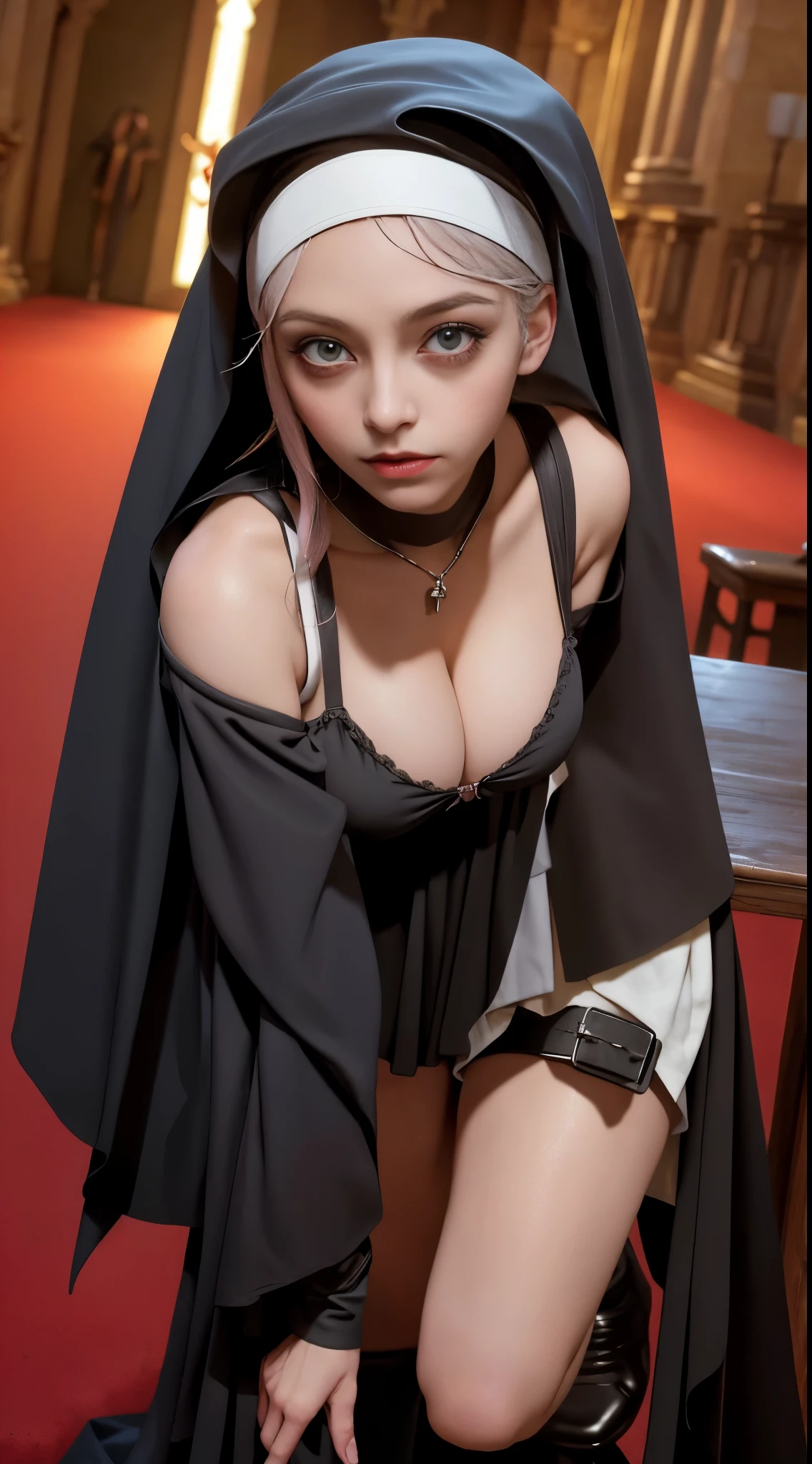 (in 8K，Raw photo，top-quality，超A high resolution，​masterpiece：1.2)，(Photorealsitic：1.37)， (Gothic nun huge breasts), Set in the 1990s, Surreal makeup, Leather clothes in a church in the Gothic style at night, neon light, Very dark, Horror, Red hue, cleavage, leaning forward, all fours, bent over, from above, pov, hanging breasts, bra