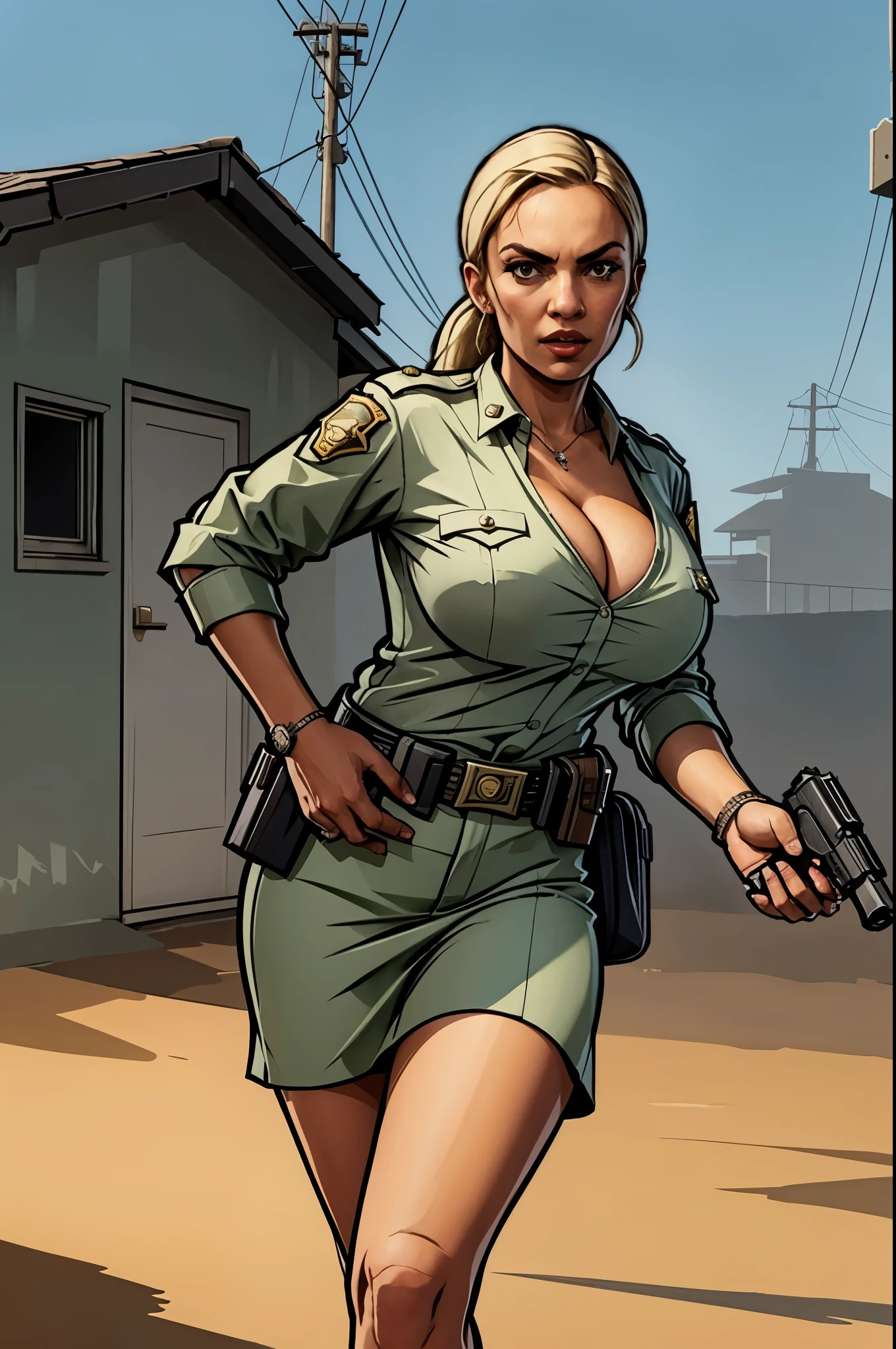 A 4k picture of a busty female sheriff in a countryside, running, she has a pistol, hard color shading, warm tone, 2D gta artstyle, masterpiece, best quality