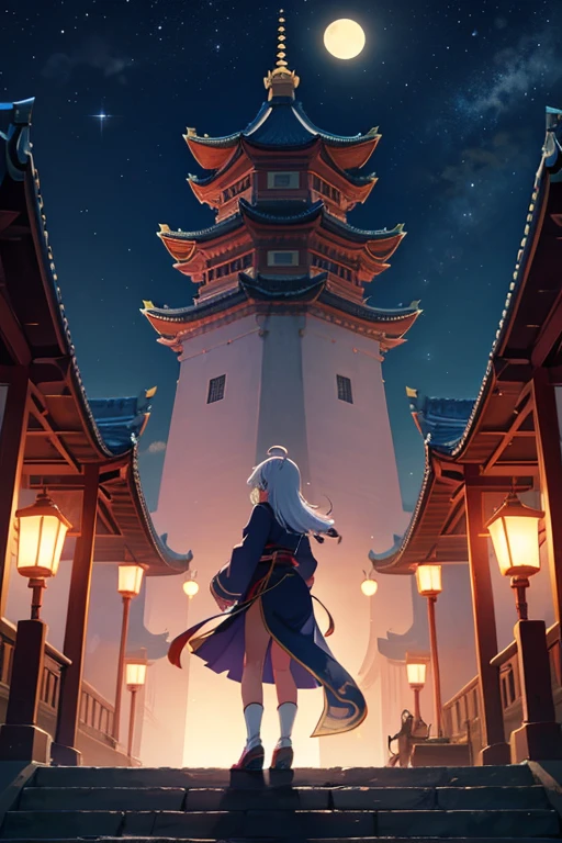 Night view of crescent-shaped buildings and paths, Anime beautiful peaceful scene, 《Kola Legend》poser, beautiful anime scenes, anime backgrounds, a temple background, anime scene, anime backgrounds艺术, Mysterious temple setting, Starry sky environment in moonlight, night time moonlight, Today’s recommended anime is still, Moon Night, 禅宗a temple background, beautiful as the moon