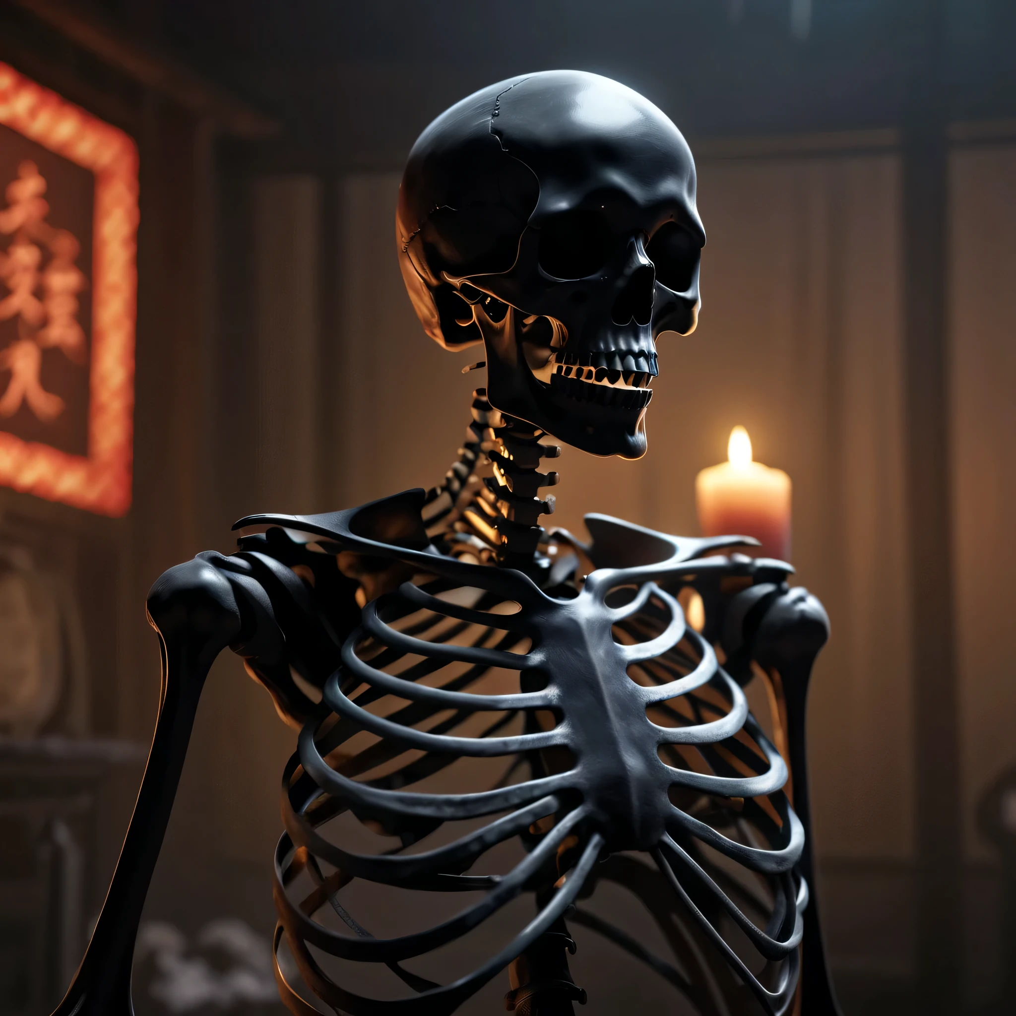 (Best Quality,8K,High resolution,masutepiece:1.2),Ultra-detailed,realistic black skeleton,detailed corpse,japanese new year,ominous lighting