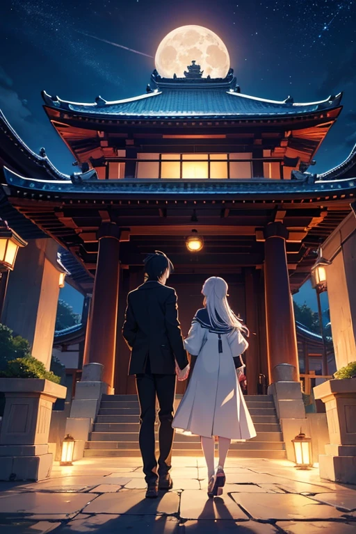 best quality,ultra-detailed,realistic:1.37,new moon-shaped architecture and pathway in a nocturnal scene,beautiful serene scene with anime aesthetics,elegant moonlit scene with Cocona,beautiful anime scenes,anime background,temple scenery,anime scenery,anime background art,mysterious temple setting,star-filled sky environment under moonlight,nighttime moonlight,still recommending anime today,moonlit night,Zen temple background,as beautiful as the moon