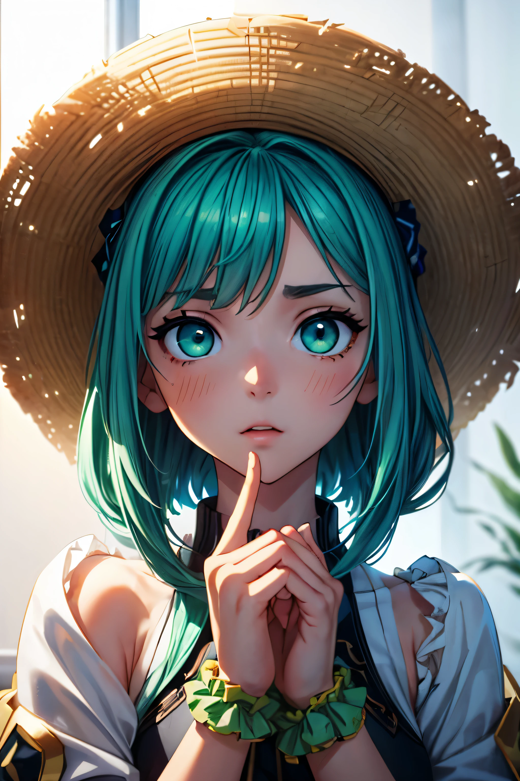 (One girl、Dressed in a dress and hat, girls' frontline, Midsummer themed costumes, multilayered outfit,Dressed, Mid summer、Soio、Top image quality, Transverse conveying,Half-length picture,largeeyes,eye closeup,(with short golden hair),(Green eyes),hair scrunchie,small thighest qualtiy, (stocklings,Elaborate Eyes, head looking up,Reasonable body structure,Young,Extremely detailed face, Perfect lighting, Extremely detailed CG, (Perfect hands, Perfect anatomy)