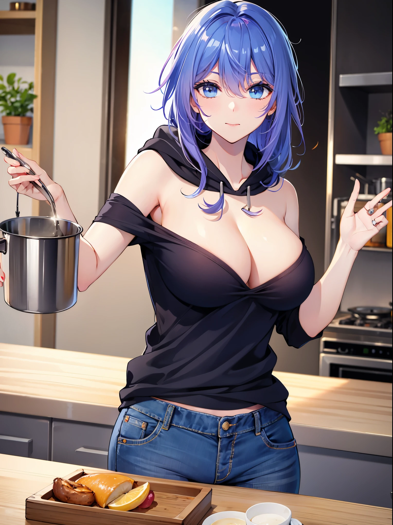 Tang Wutong, big boobs, wearing a hoodie and jeans, cooking, kitchen, home