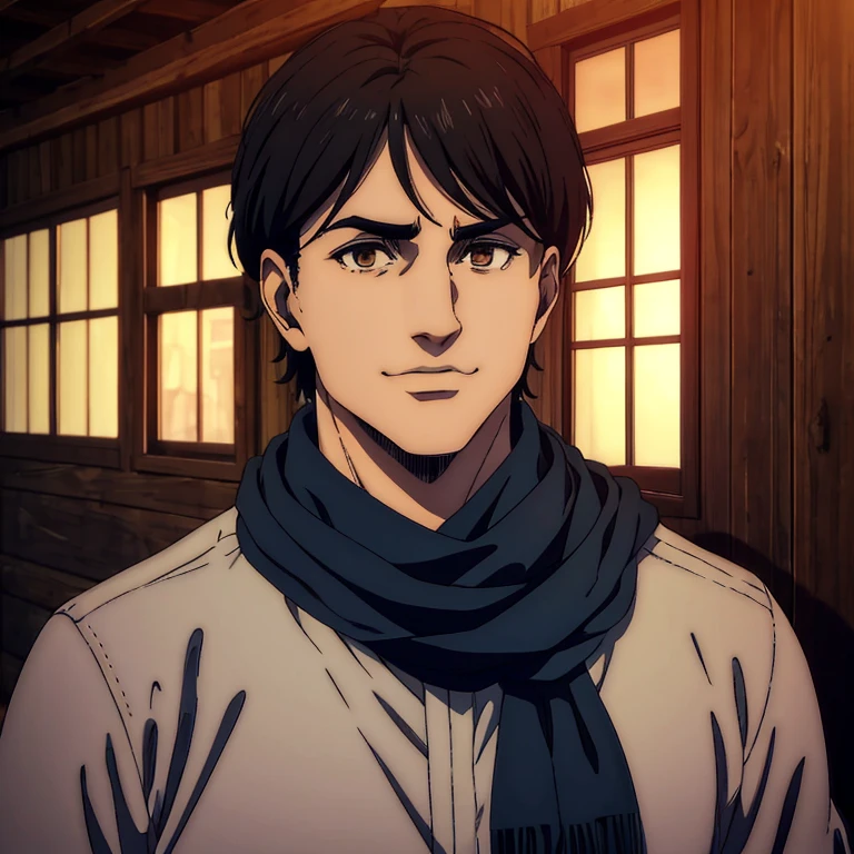 A male character with brown eyes and with black medium hair in the Mappa art style. He is depicted in a grey shirt, showcasing a sharp jawline.He is also wearing blue shirt. He is also fair. He is wearing dark blue scarf around neck. He is also smiling a little. Behind him a small cabin. The artwork should have the best quality, with ultra-detailed and realistic features. The color palette should be vivid, and the lighting should emphasize the character's facial structure and expression.