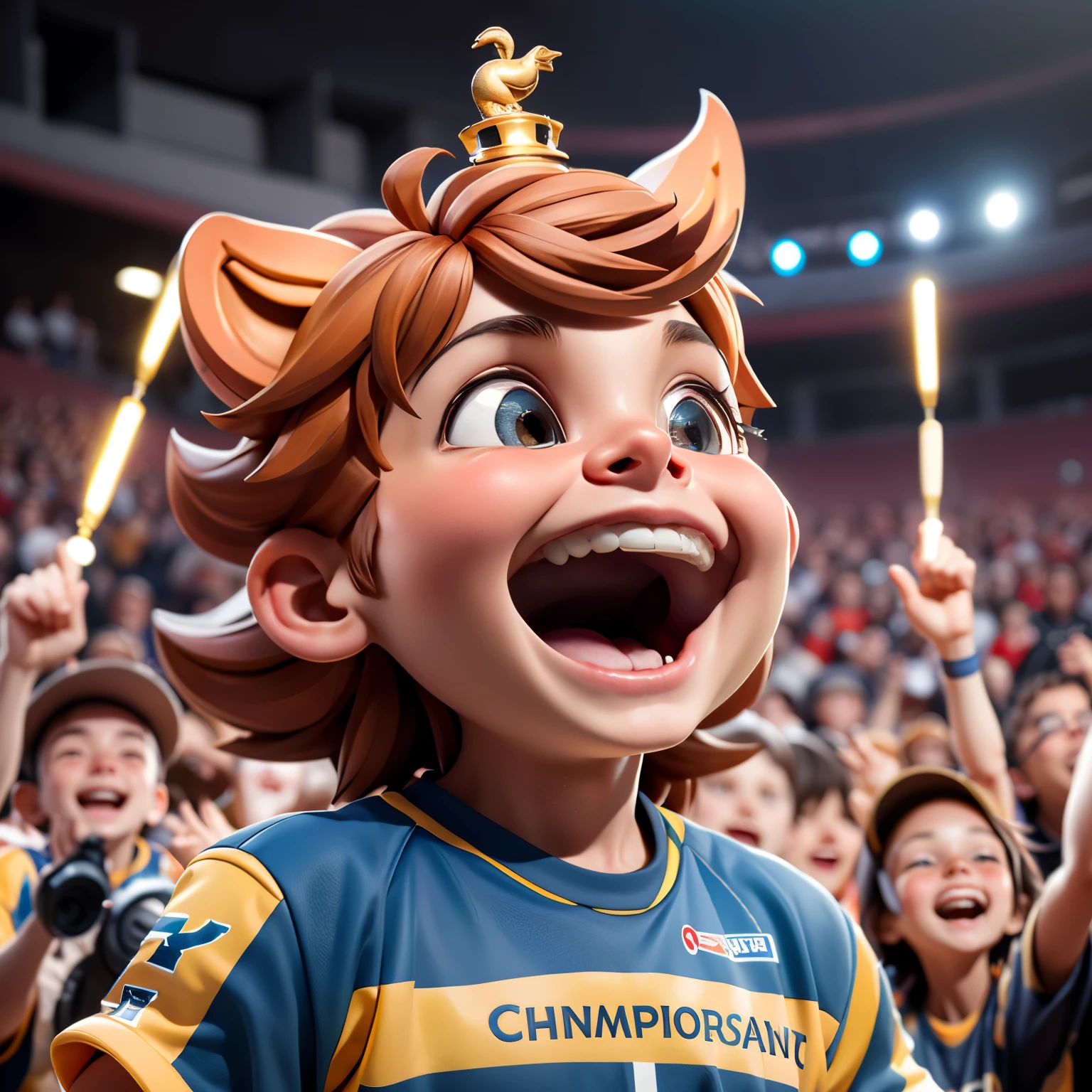 champion, trophy, portrait of a young boy, cheerful laughter, celebration, applause, stadium, sports scene, crowd, excitement, victory, emotions, joyful atmosphere, colors, energetic lighting, high-resolution, detailed expressions, dynamic composition, professional photography, sportsmanship