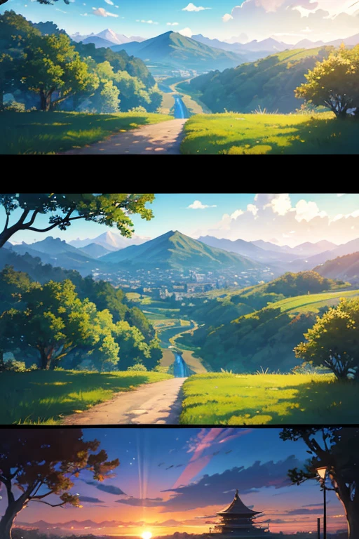 There is a photo of a tree with the sky as the background, anime backgrounds, Anime beautiful peaceful scene, beautiful anime scenes, Watching the sun set. jpn, 色彩缤纷的anime movie backgrounds, golden hour background, Anime countryside landscape, anime movie backgrounds, animation stills, Anime Nature, beautiful anime scenery, Anime landscapes, anime backgrounds艺术, anime scene, Today’s recommended anime is still