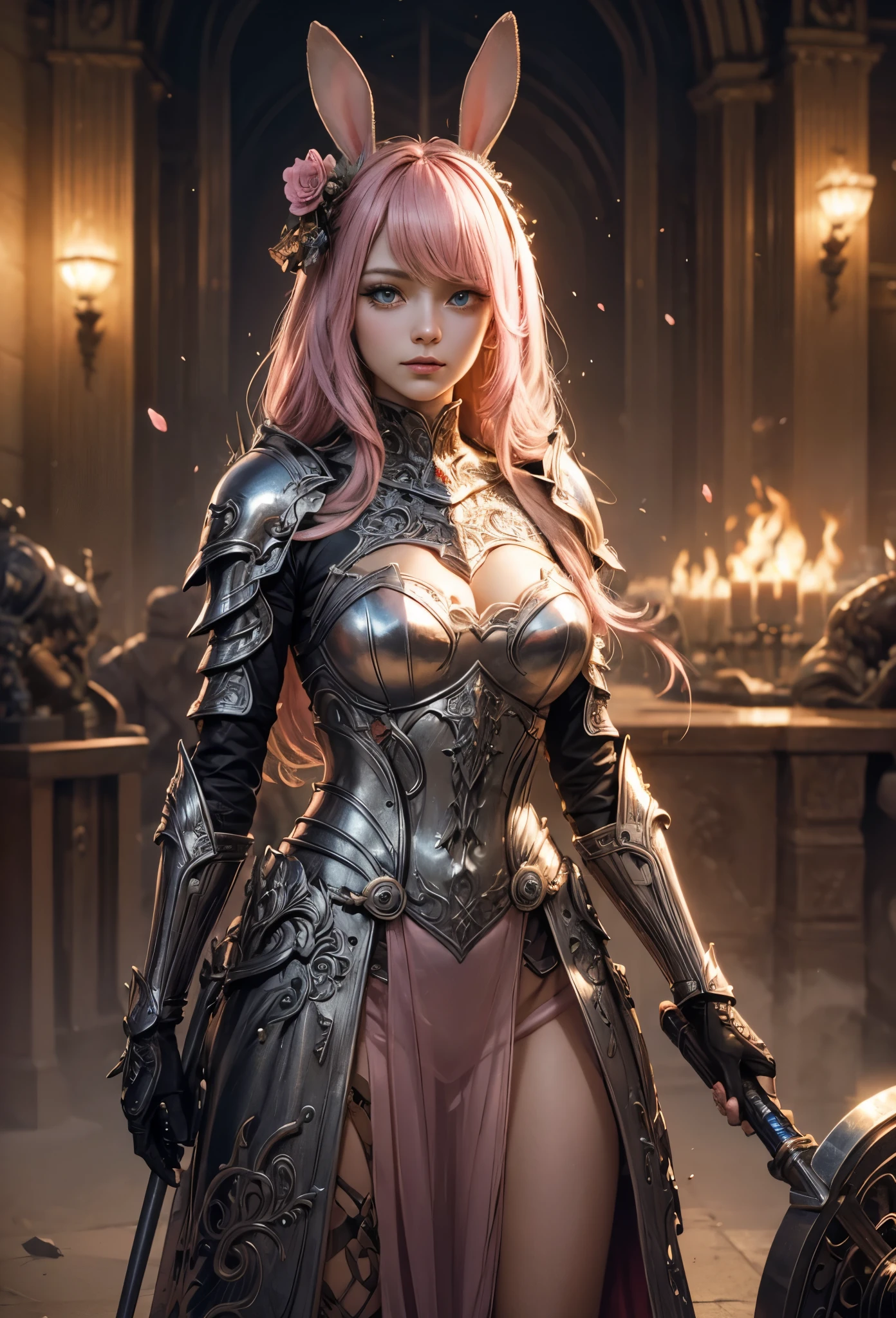 (Detailed illustrations,Very detailed and detailed drawing,Delicate lines with slow and rapid,Realistic texture expression),[Color tressed main line],(Battlefield of Fantasy World [Burning castle]),(GIRL ROBOT (Pink rabbit [METALFACE])) [WEAPON MACHINE],(([petal] Metal Dress [frilld]) [Floral pattern] [Clear pink translucent armor covering the body surface]) [bow ribbon]) [Energy tube glowing at the joint],[use a sledgehammer as a weapon],[[Mobile Weapon Gigant Size][Science Fiction Mechanical]],(Metallic luster at metal),(Intricate and beautiful decoration [Dense detail]),,[Perfect eye details (Iris beautifully drawn in every detail)[Jewel-like eyes]],[long and beautiful eyelashes],[Meticulously drawn hair [More on beautiful and shiny hair]],(Perfect hand details [Beautiful fingers without breakdowns [Beautiful nails]]),(Perfect Anatomy(Perfectly proportioned))[[Full body like]],[Ideal color coordination(Accurate simulation of light-material interactions)],[Visual art that conveys a sense of narrative].