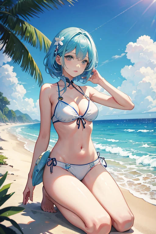 It&#39;s a sea shell，sandbeach，Beach scenery in the afternoon sun, Beautiful summer anime scenery, Relaxing beach vacation scene, 这里的sandbeach上有一只可爱的小狗, There are several white clouds in the sky，Sunlight reflects on the sea，I want the picture to be very detailed and realistically exposed。Image quality should be optimal and have 4k or 8k resolution，Can show the details and layering of textures。The art style is mainly animation，Color tones should be intense and vibrant，Creates a bright and brisk summer atmosphere。Lighting effects should be naturally balanced，Highlight the brightness and color of the beach。