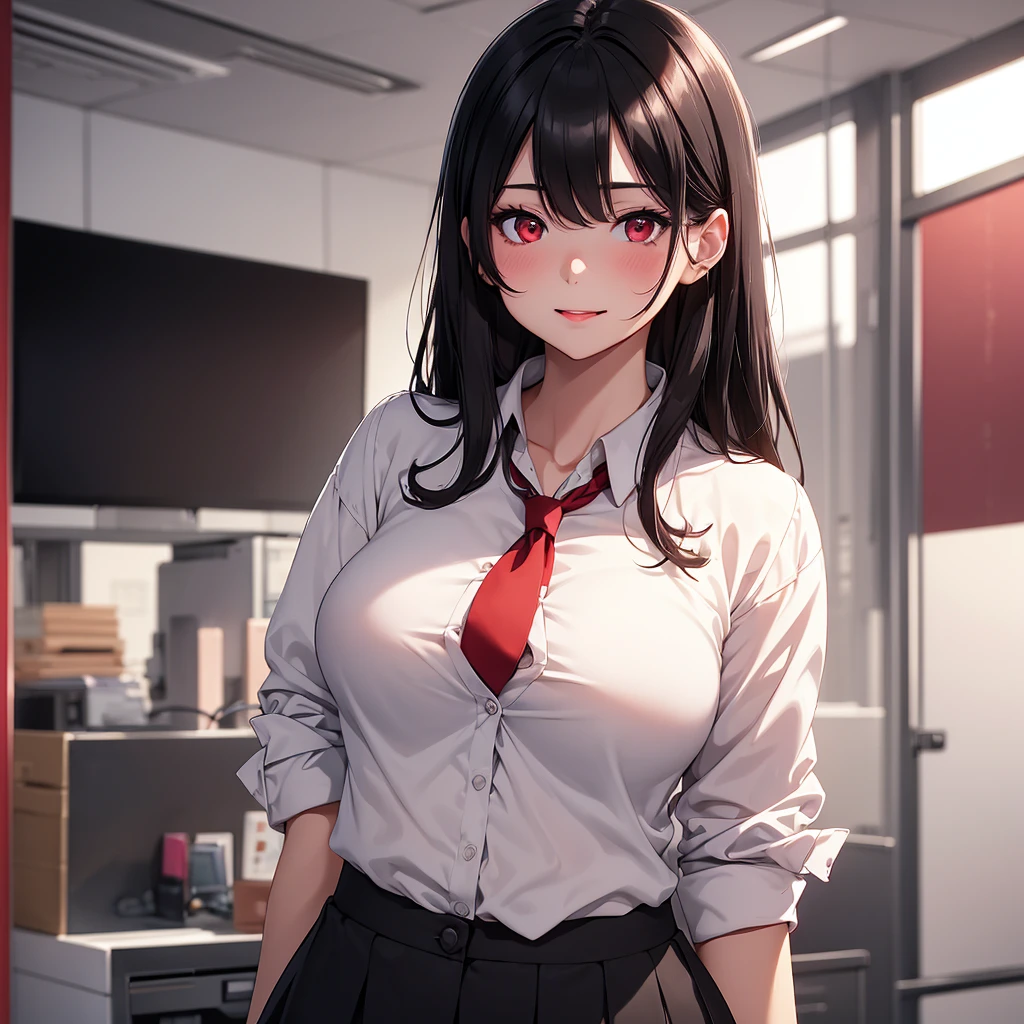 1girl, parted lips,tounge, dehydrated, blush, makeup, light smile, black hair, red eyes, white shirt unbuttoned , too short black skirt,thighs, collarbone, narrow waist, hot looking , office background (masterpiece), wallpaper,