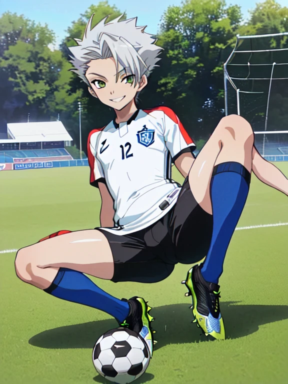 (((Official art,superfine illustration,hight resolution, masutepiece, best qualtiy,Best Quality,)))hightquality, detaileds, (A ),12 years oace striker male idol with a super cute face,A boy as beautiful as Planding, Cool handsome face with smile, soccer spike, Long legs, thighs thighs thighs thighs, Foots, Bulge, (Gray hair、Spiky hairstyle)、Shiny hair, (Tight shiny white soccer training bodysuit), (tight and shiny soccer shorts), (Soccer Socks), tussock, Cool pose, (厚いthighs thighs thighs thighs、Seduce your big ass to your crotch)、(((soccer field in the park)))、((cocky、))、Smirk、Spread legs,Ultra-fine painting, (Best Quality, 4K, 8K, hight resolution, masutepiece:1.2),(((Being aware of the sexual gaze of middle-aged gay men)))、Service Shots、