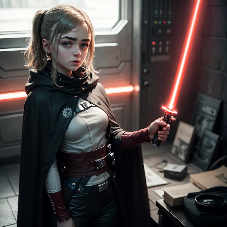 Maisie Williams, she is a Sith, dressed in a black cape and holding a red lightsaber in her right hand.