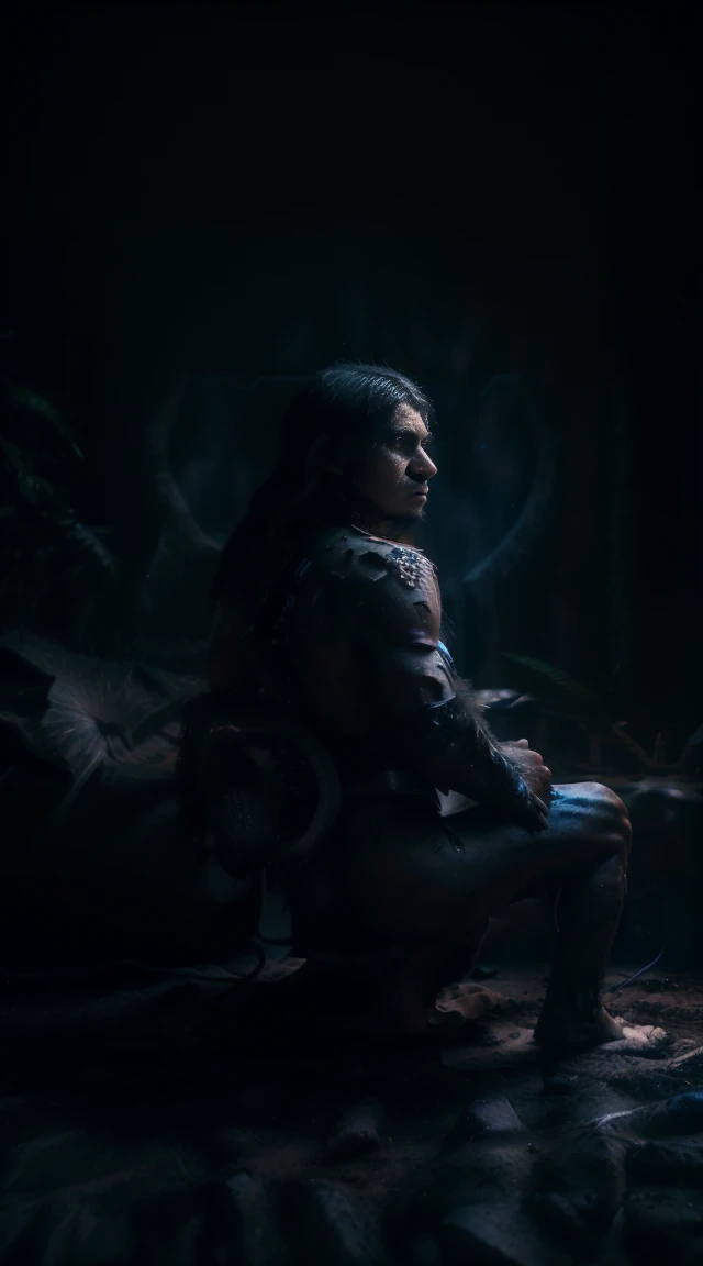 Hyper realystic, 1 man with eagle, Photo of a (Jaguar Paw) on APOCALYPTO,cry and sad in planet of the ape, full blood, laser, full body shot, looking back at the camera, blue lamp, night view, shallow depth of field, 50mm lense, focus on man