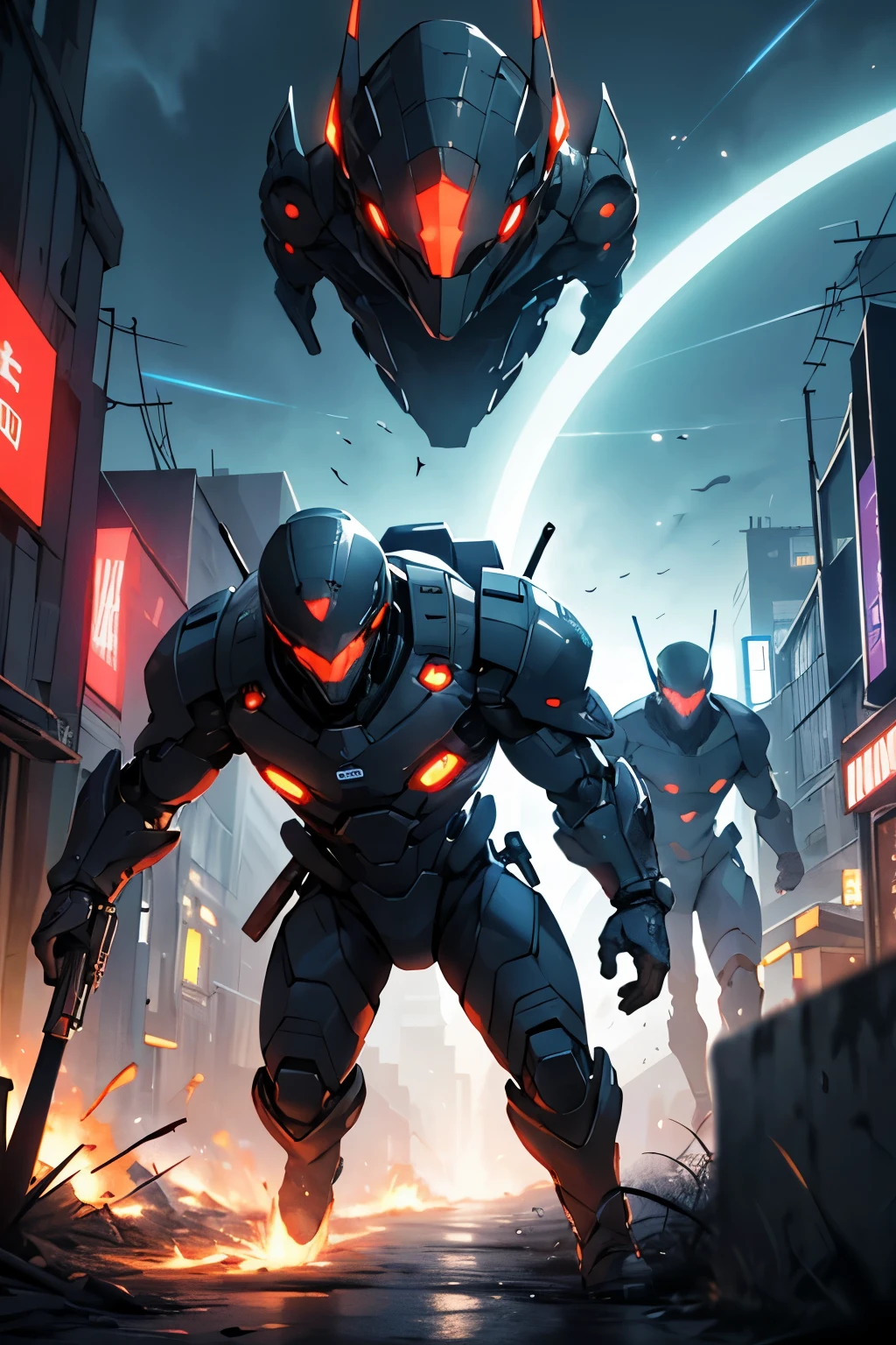 "spine-chilling、Intense alien invasion scene,The atmosphere is dark, dramatic lights, and drastic action. Demonstrate powerful alien creatures, advanced technique, Ruined cityscape, Panicked civilians, and a sense of imminent danger.. Generate disturbing and immersive images,Capture the chaos and horror of the otherworldly invasion. A group of humans in futuristic suits are fighting with laser guns, Bloody war, The scenario is extremely complex, Impressive intricate details, Textures displayed are extremely smooth. bright, sharp light"