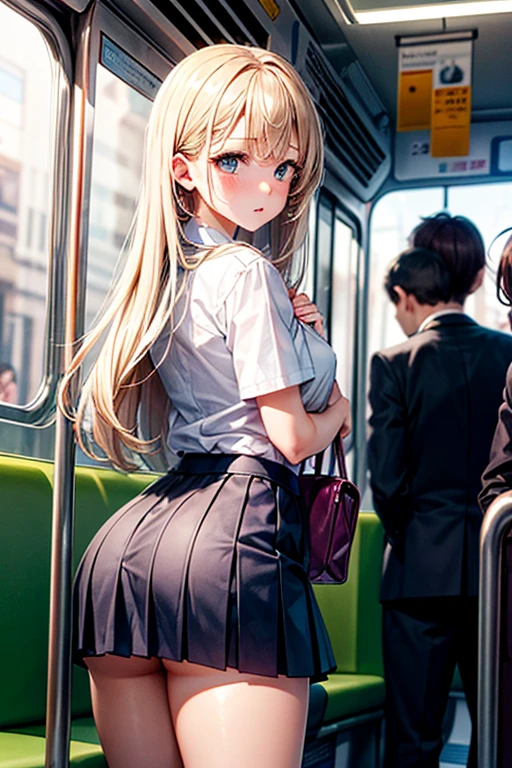 NSFW,masterpiece,highest quality,High resolution,anatomically correct,Fiami,Dark-ish,Yaminor,1 girl,long hair,solo,hair ornaments,two side up,blonde hair,red eyes,small breasts,hair ornaments,school uniform, hair ornaments,skirt, red eyes, thigh strap, sweater vest, 格子縞のskirt, plaid socks,molestation,My butt is grabbed on the train,My breasts are being fondled by a man,My pussy is being touched,shy,sex,standing back,A dick is inserted from behind