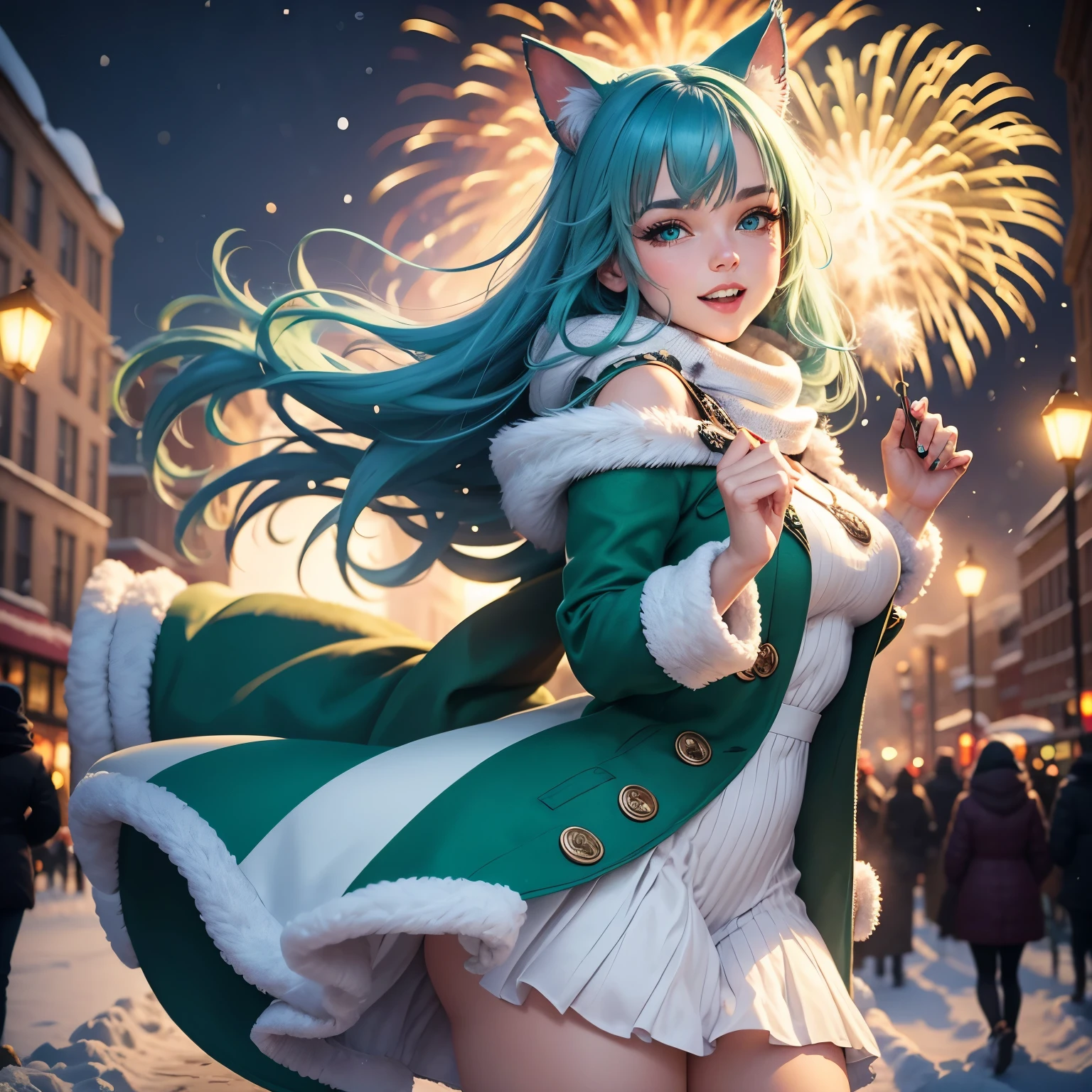 snow winter celebration beautiful happy woman, beautiful detailed face, blue green hair, shining green eyes, white and green colors, dynamic pose, lights, fireworks, sky full of fireworks, cat ears, wearing furry winter coat and a winter knitted dress celebration IN the city in the background heavy snow/