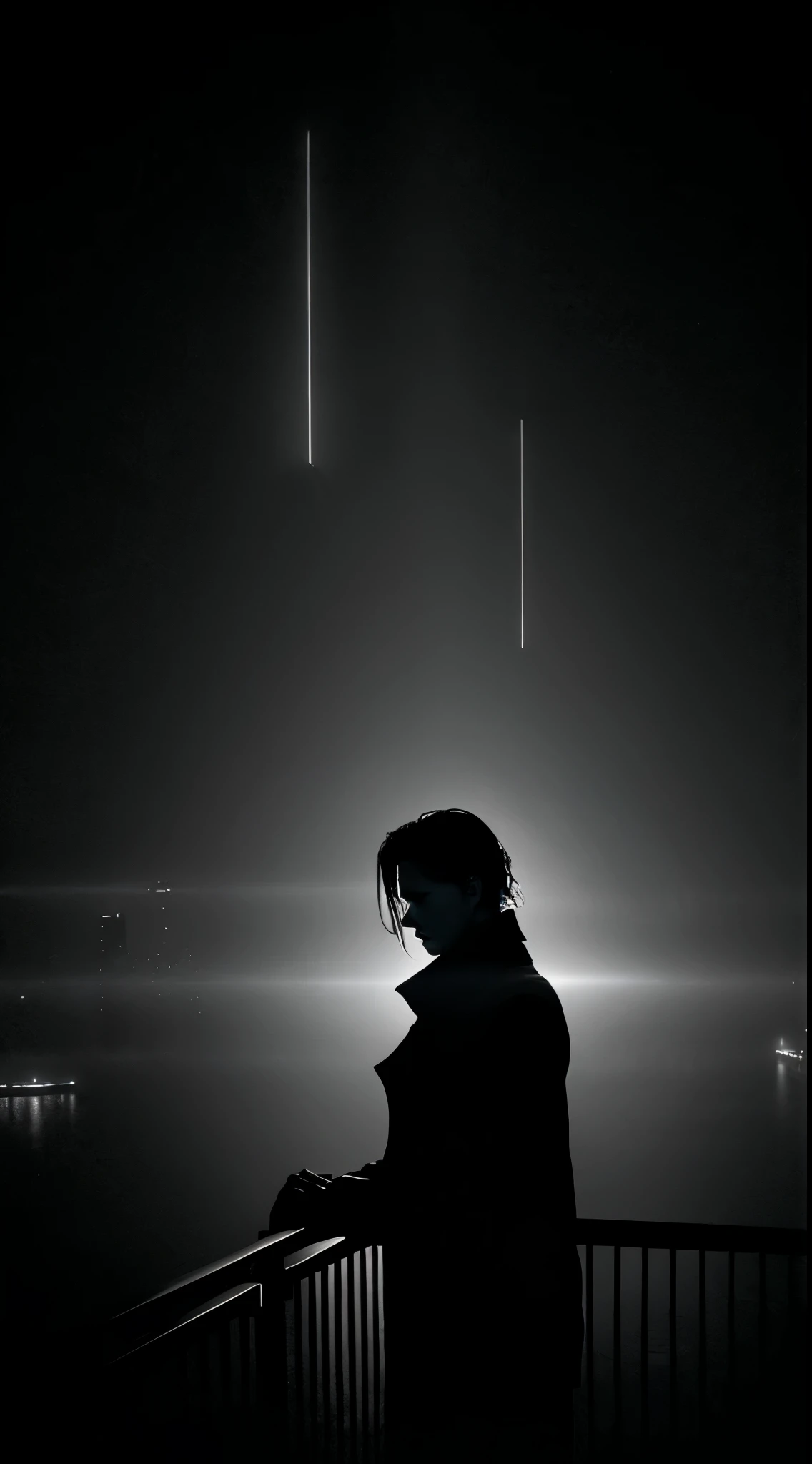Picture an old, foggy bridge at night that captures the true essence of Neo-Noir, dramatically altered by chiaroscuro lighting, creating a scene of stark contrasts with deep shadows and vivid highlights. Envision a solitary figure leaning on the railing and a distant city skyline, embodying Neo-Noir. This chiaroscuro effect not only heightens the mood and suspense of Neo-Noir but also brings a dramatic, almost theatrical depth. This blend of light and shadow, combined with the murky waters below, forms an intriguing and timeless image, perfectly reflecting the genre's spirit.