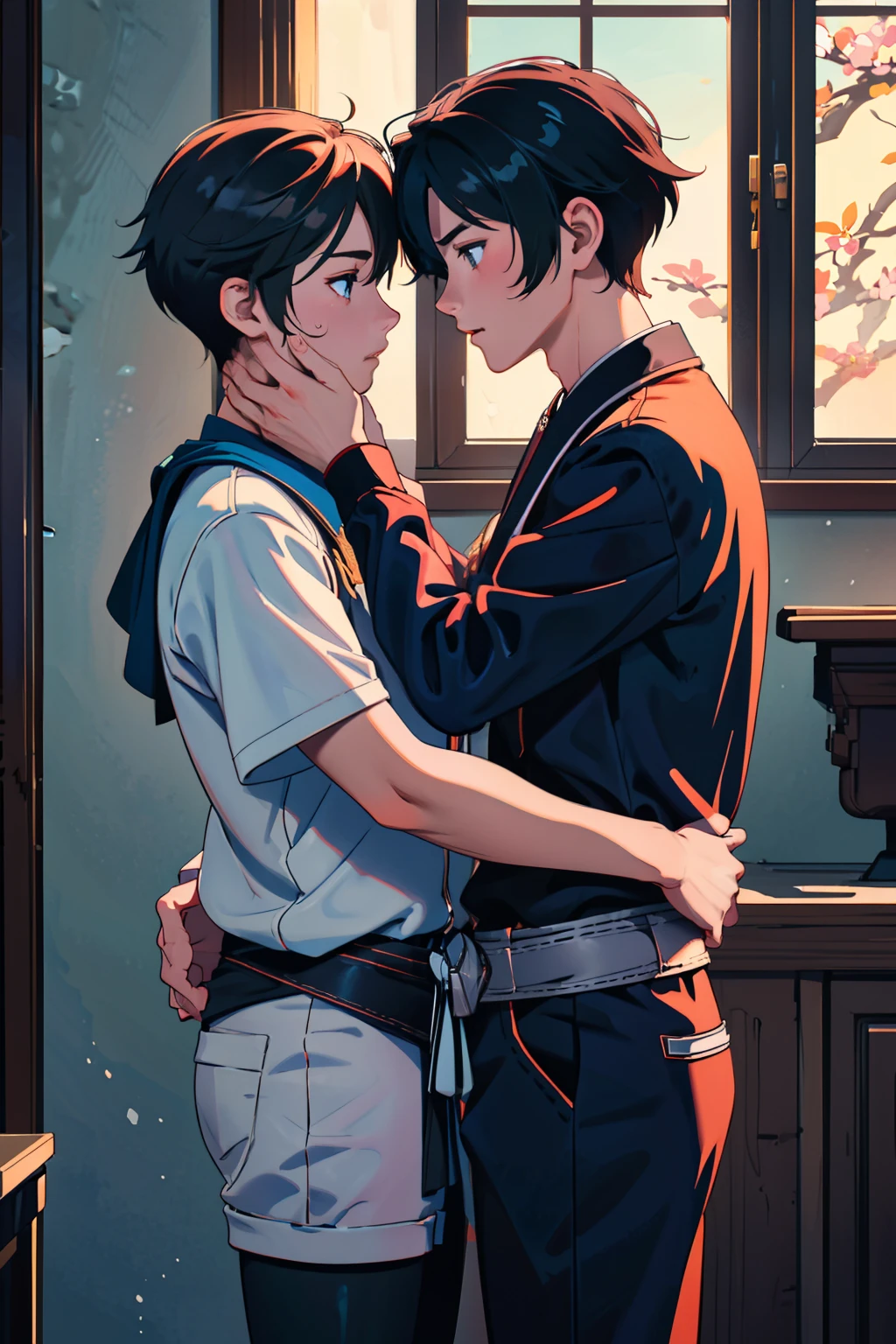 two men, two males, yaoi, kissing, (two boys), flat chest, muscular, <lora:AnimeKiss:0.7>, formal clothes,