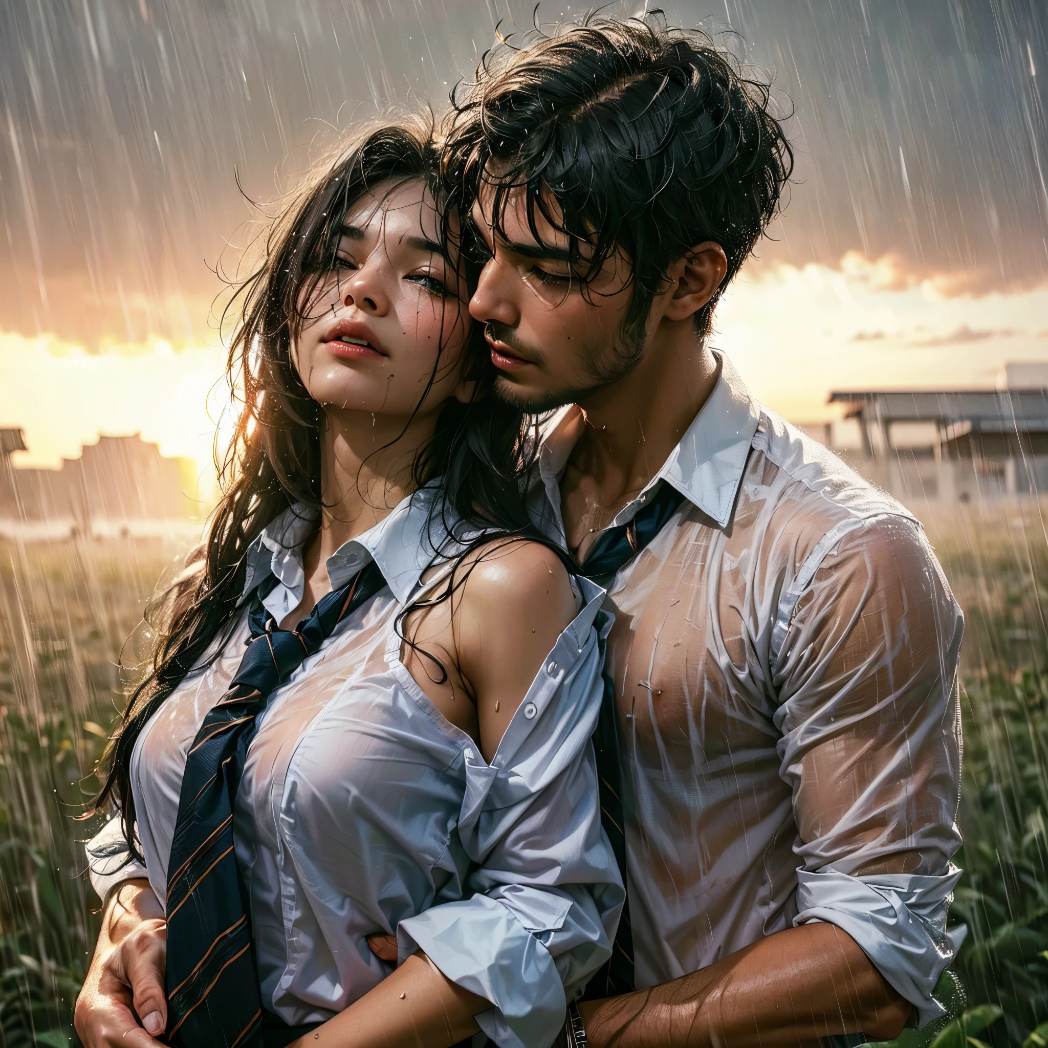 realistic art, there is a woman and her (((handsome muscular short hair masculine alpha male boyfriend))) in a indonesian school uniform hugging in the rain, ((wet messy shirt)), ((show black bra under shirt)), wet skirt, pretty girl at school field, raining, thai girl, raining award winning photo, school girl, at evening, wet from rain, rainy wet, beautifull , hand behind head, masterpiece, best quality:1.2),,(8k,highres,RAW photo,realistic,photo-realistic:1.3),(detailed skin texture,detailed cloth texture,beautiful detailed face:1.25),professional lighting,photon mapping,beautiful soft light,radiosity,physically-based rendering,raytracing, model shoot style, model shoot style, (extremely detailed CG unity 8k wallpaper), full shot body photo of the most beautiful artwork in the world, ((nsfw))