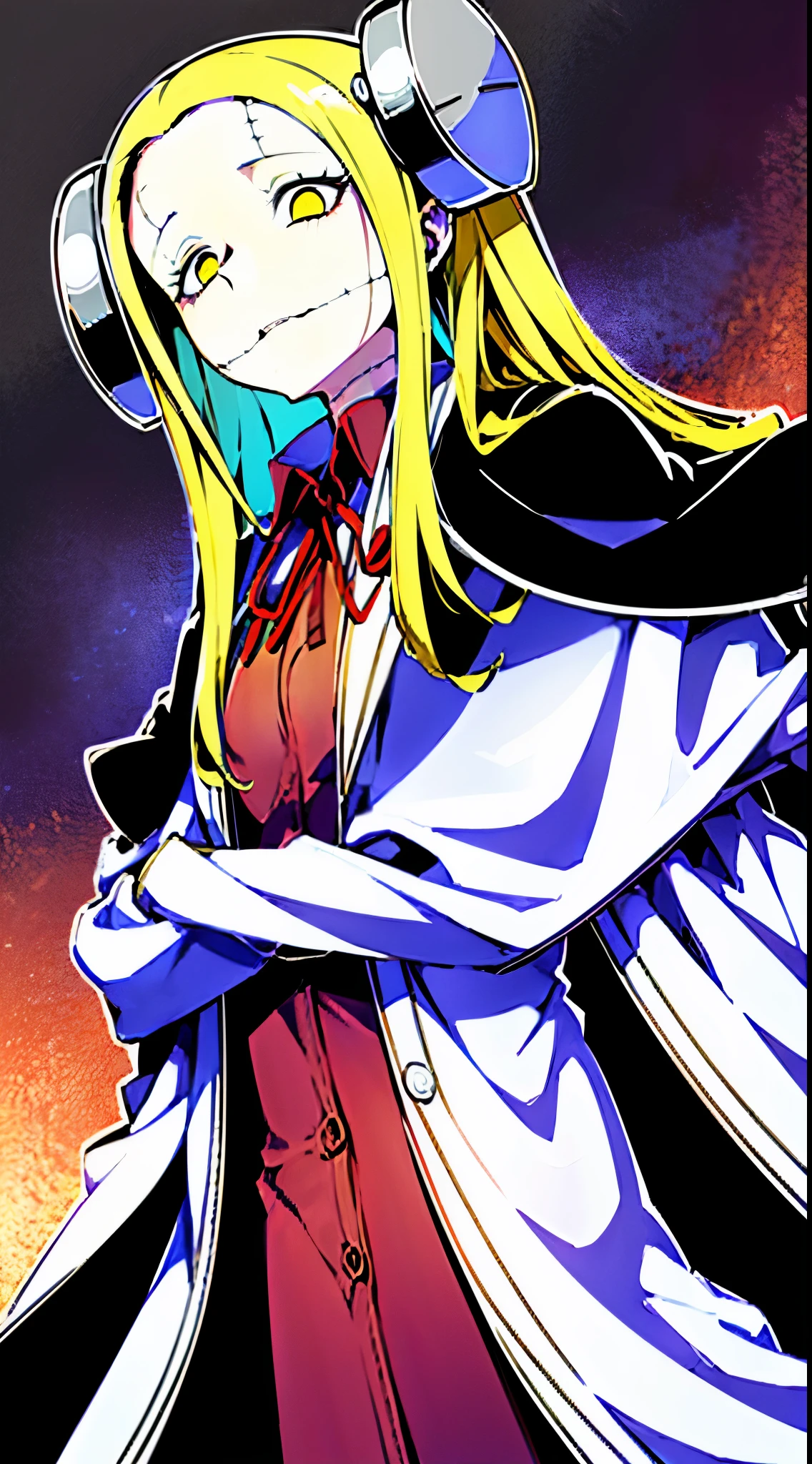 Madaraki_Fran,A girl ,stands,Happy,the madhatter ,surgeon's robe, hairlong , yellow hair,seams , Scars on the body ,An intimidating look , creepy smile , bags under eyes, ((((Tired)))),