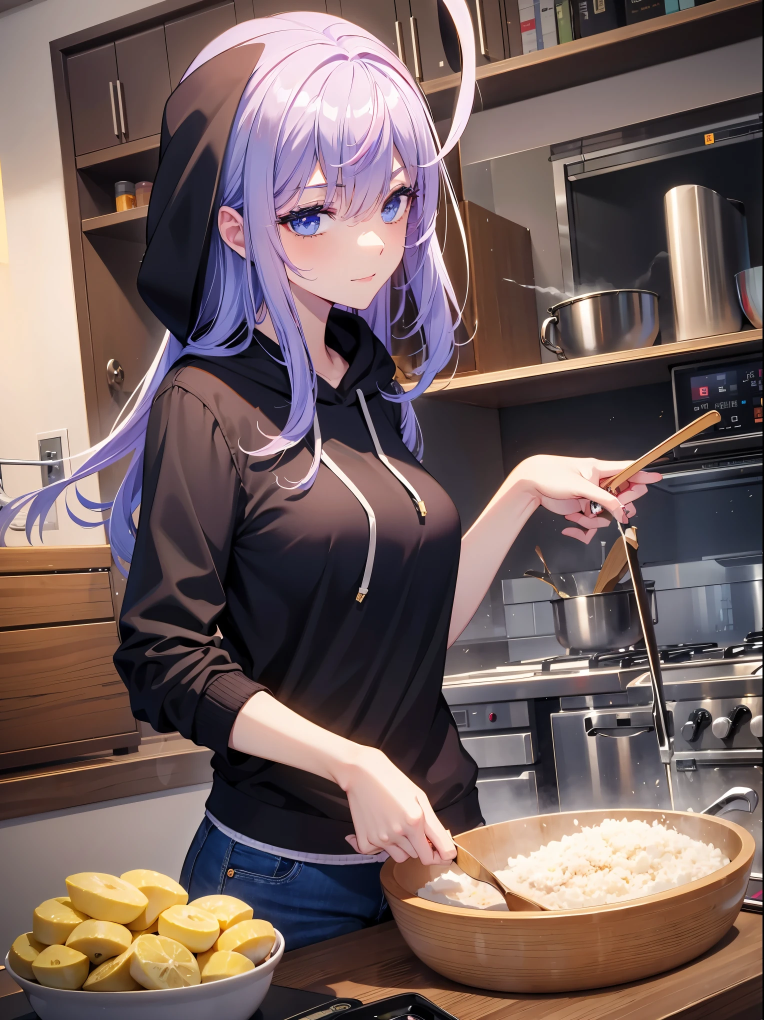 Tang Wutong, big boobs, wearing a hoodie and jeans, cooking, kitchen, home