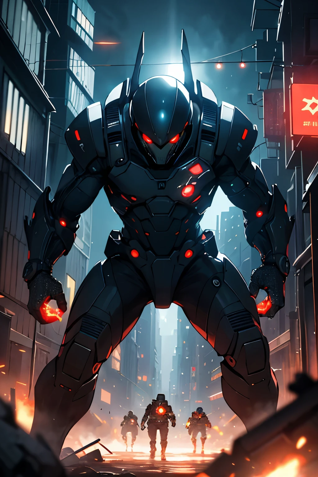 "spine-chilling、Intense alien invasion scene，The atmosphere is dark, dramatic lights, and drastic action. Demonstrate powerful alien creatures, advanced technique, Ruined cityscape, Panicked civilians, and a sense of imminent danger.. Generate disturbing and immersive images，Capture the chaos and horror of the otherworldly invasion. A group of humans in futuristic suits are fighting with laser guns, Bloody war, The scenario is extremely complex, Impressive intricate details, Textures displayed are extremely smooth. bright, sharp light"
