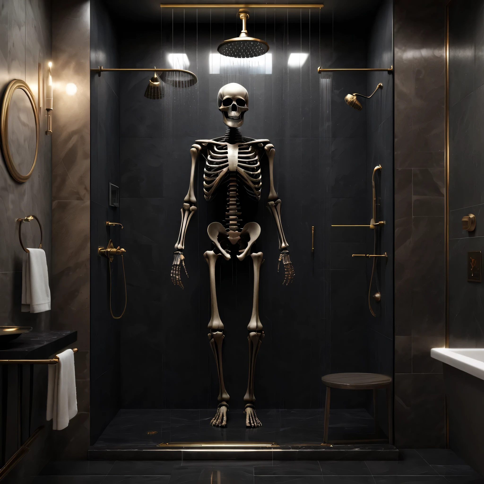 (Best Quality,4K resolution,8K resolution,High resolution,masutepiece:1.2),Ultra-detailed,realistic black metallic skeleton,Hotel shower,dead body