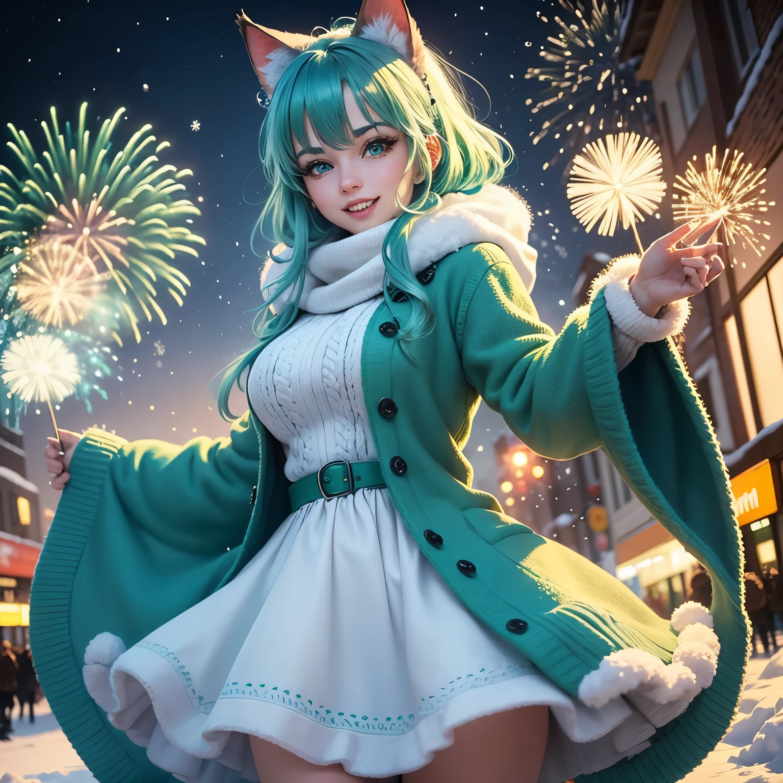 snow  winter celebration beautiful happy woman, beautiful detailed face, blue green hair, shining green eyes, white and green colors, dynamic pose, lights, fireworks, sky full of fireworks, cat ears, wearing furry winter coat and a winter knitted dress celebration IN the city in the background heavy snow/