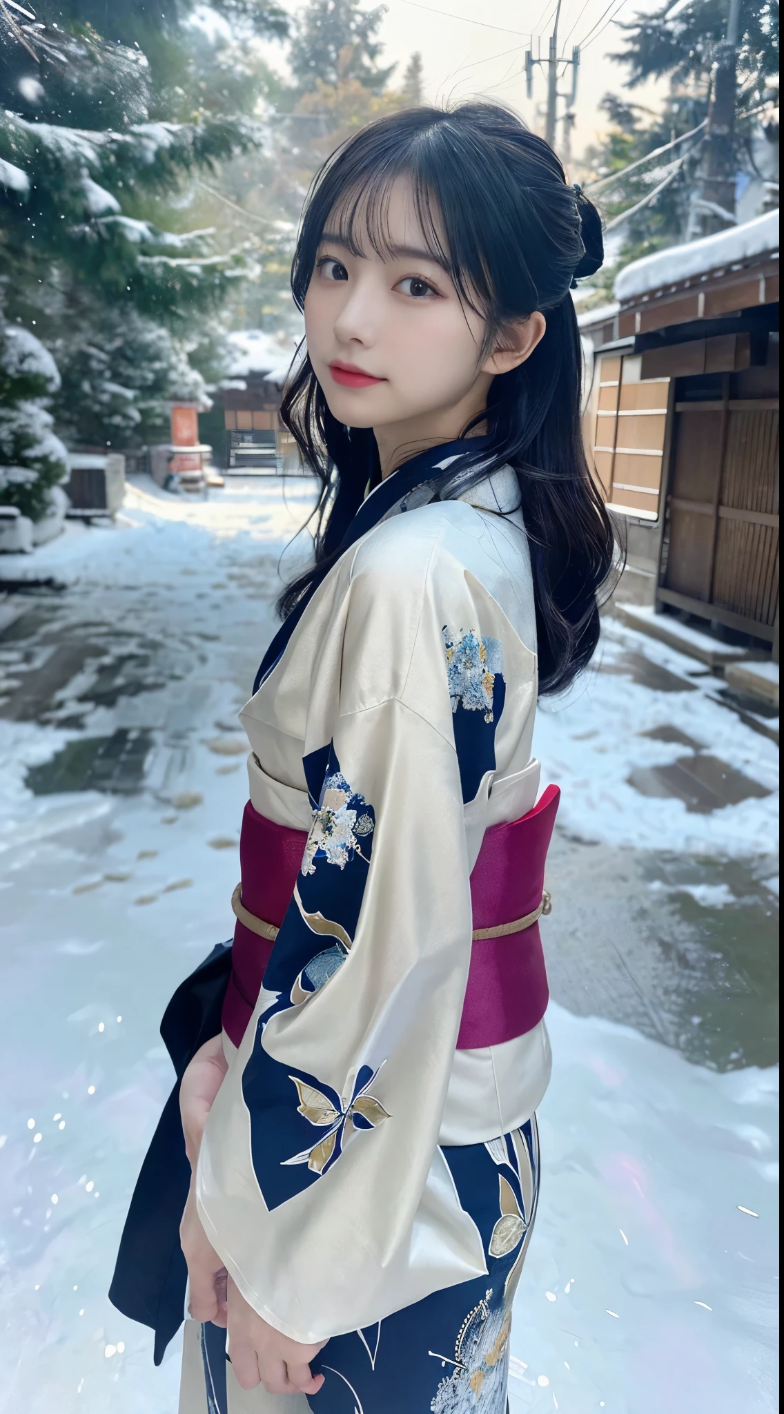 (Kimono)、、(top-quality,​masterpiece:1.3,超A high resolution,),(ultra-detailliert,Caustics),(Photorealsitic:1.4,RAW shooting,)Ultra-realistic capture,A highly detailed,high-definition16Kfor human skin、 Skin texture is natural、、The skin looks healthy with an even tone, đùi, Use natural light and color,One Woman,japanes,,kawaii,A dark-haired,Middle hair,(depth of fields、chromatic abberation、、Wide range of lighting、Natural Shading、)、、(Falling snow:1.2)、(Hair swaying in the wind:1.2)、(Snow reflects light:1.2)、back lighting