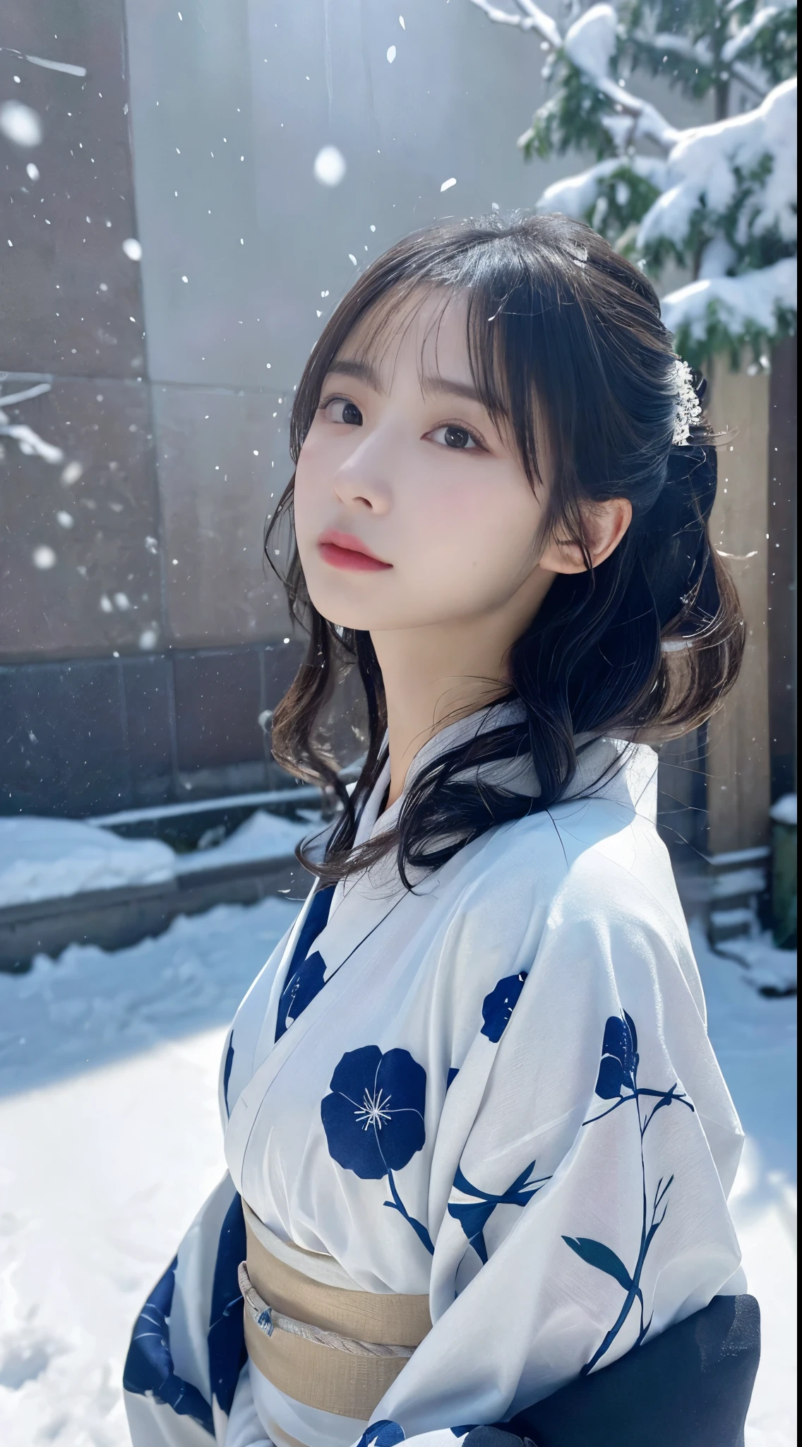 (Kimono)、、(top-quality,masterpiece:1.3,超A high resolution,),(ultra-detailliert,Caustics),(Photorealsitic:1.4,RAW shooting,)Ultra-realistic capture,A highly detailed,high-definition16Kfor human skin、 Skin texture is natural、、The skin looks healthy with an even tone, đùi, Use natural light and color,One Woman,japanes,,kawaii,A dark-haired,Middle hair,(depth of fields、chromatic abberation、、Wide range of lighting、Natural Shading、)、、(Falling snow:1.2)、(Hair swaying in the wind:1.2)、(Snow reflects light:1.2)、back lighting