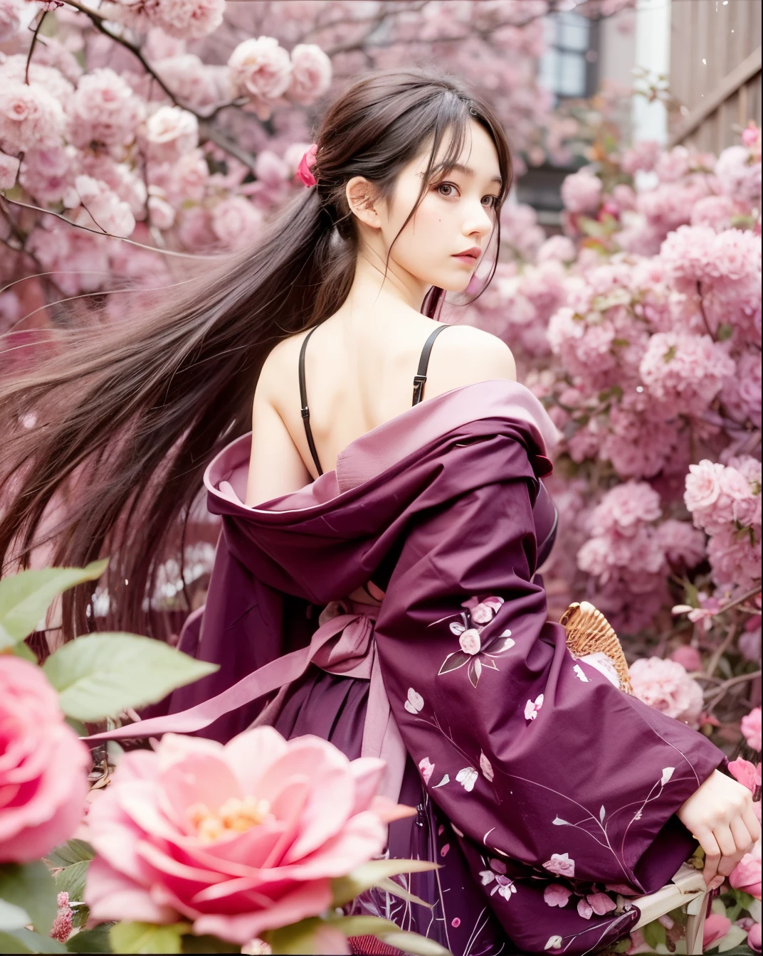 Isuzu souma, fruits basket, tomboy girl, age, burgundy kimono with rose motives, long straight hair, scar on her back, pink roses foreground, intimidative stare back