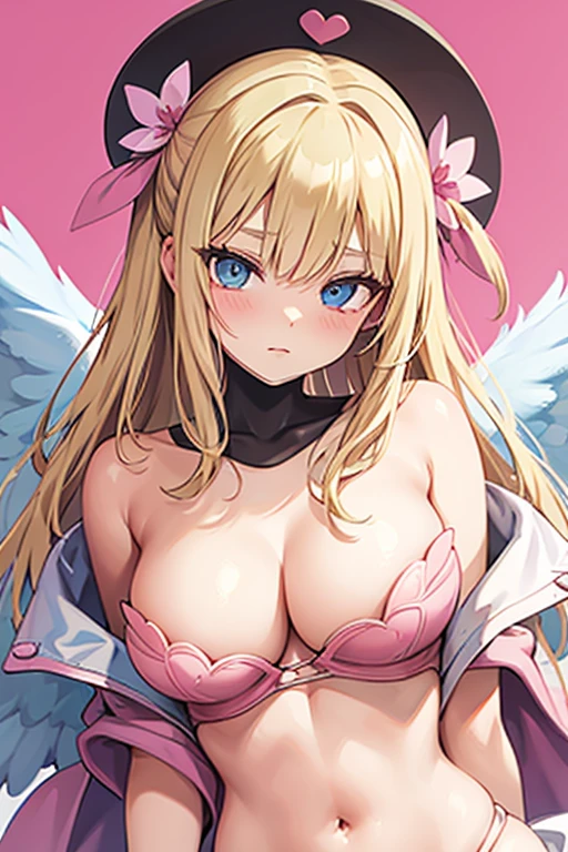 ((Best Quality)), ((Masterpiece)), (detailed), perfect faces, ((blonde hair)), ((blue eyes)), large breast, sexy, ((pink color bra))), (((pink color underwear))), (((pink color lingerie))), cum in pussy, breast milk, angel wings