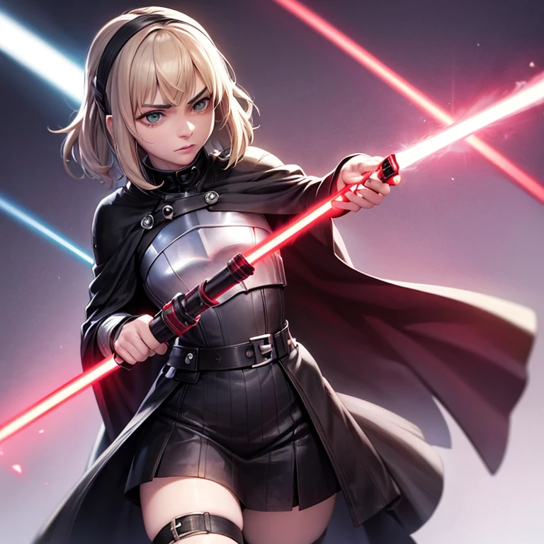 Maisie Williams, she is a Sith, dressed in a black cape, black armor and holding a red lightsaber in her right hand.