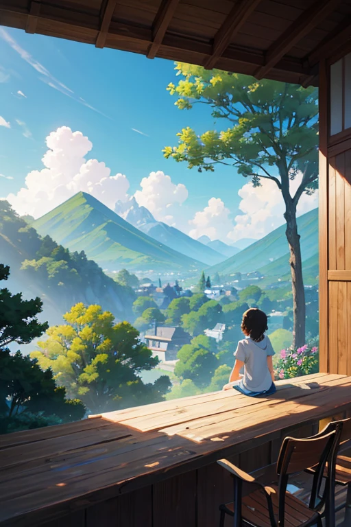 lindo cenario，There are mountains and clouds, Studio Ghibli Sunshine, Anime countryside landscape, Anime beautiful peaceful scene, Xinhai sincerely. —h 2160, Anime landscapes, 美丽的Anime landscapes, beautiful anime scenes, studio ghibli sky, Anime landscapes, Makoto Shinkai's style, screenshot from the anime film, studio glibly makoto shinkai