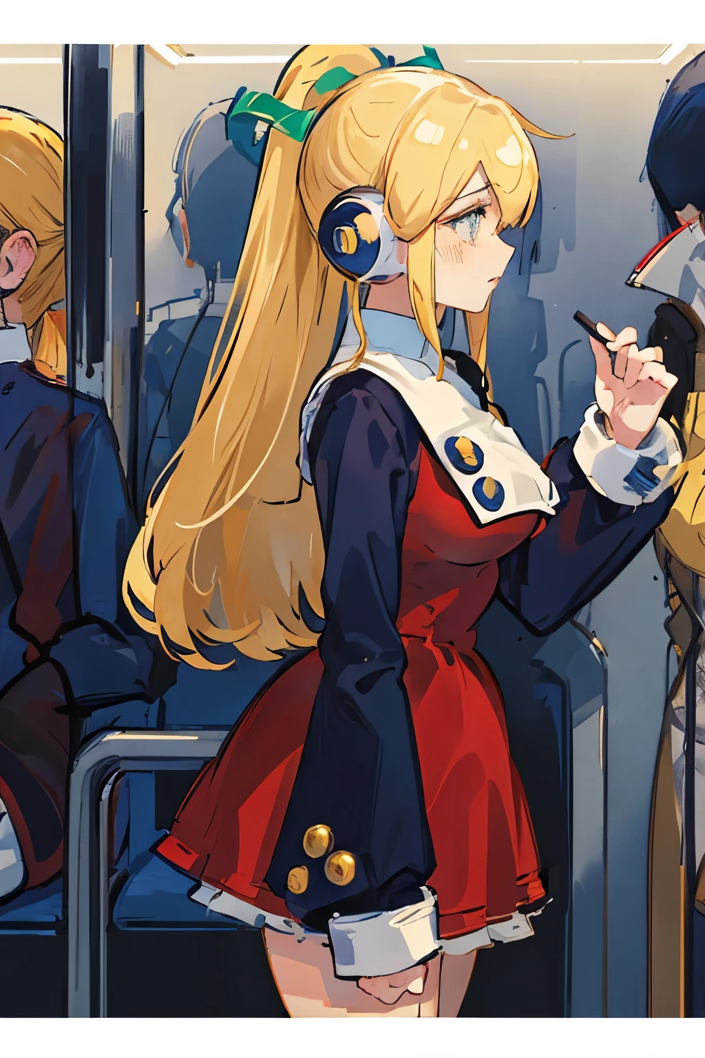 (masterpiece, sidelighting, ultra-detailed, finely detailed beautiful eyes: 1.3), 1girl, bag, building, looking melancholy, large breasts, (roll from megaman), blonde hair, ponytail, from side, headphones, red dress, black shirt,white bib,  long hair, straight hair, profile, blonde hair, solo, train, train interior, upper body, Masterpiece, best quality