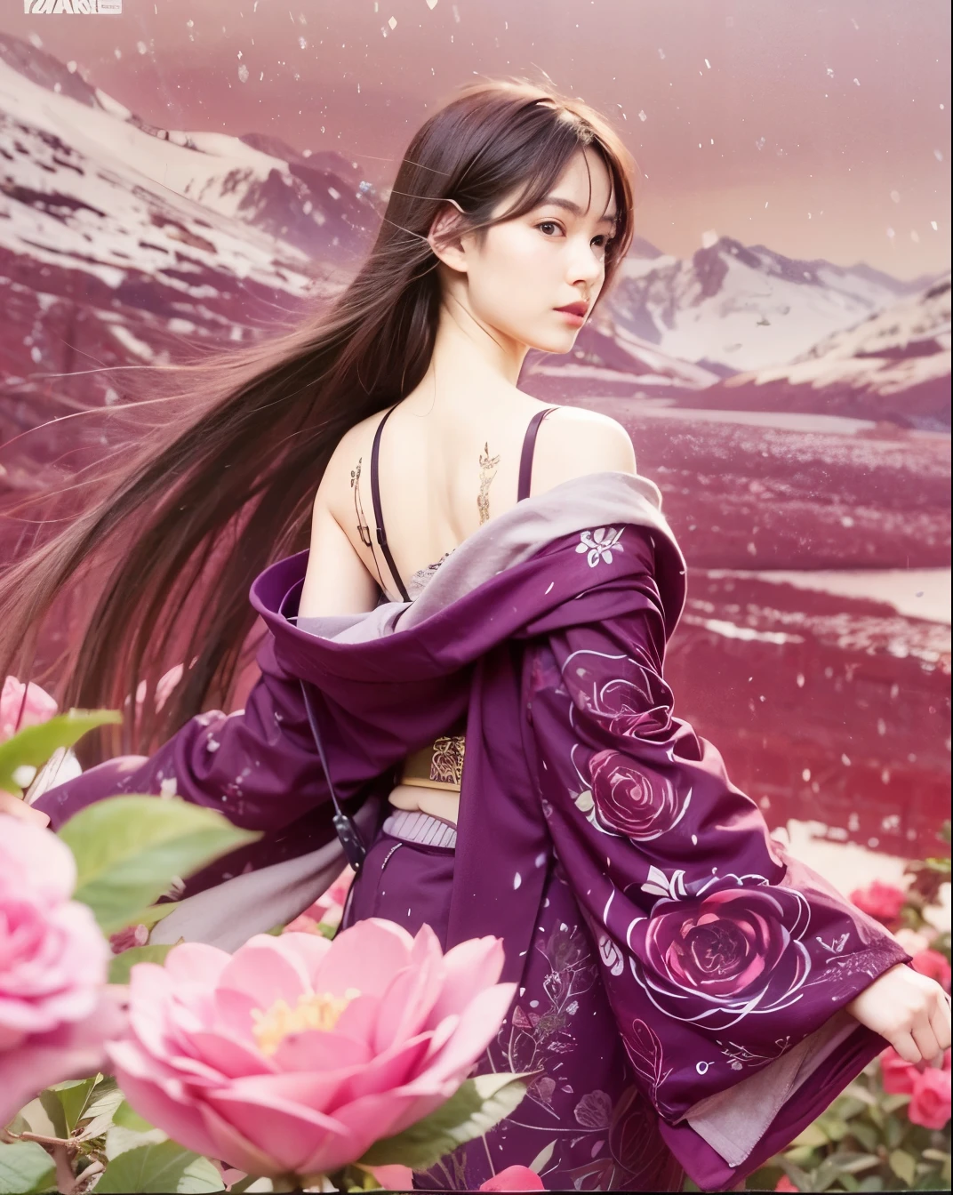 Isuzu souma, fruits basket, girl, teenage, twenies, burgundy kimono with rose motives, long straight hair, scarf on her back, pink roses foreground