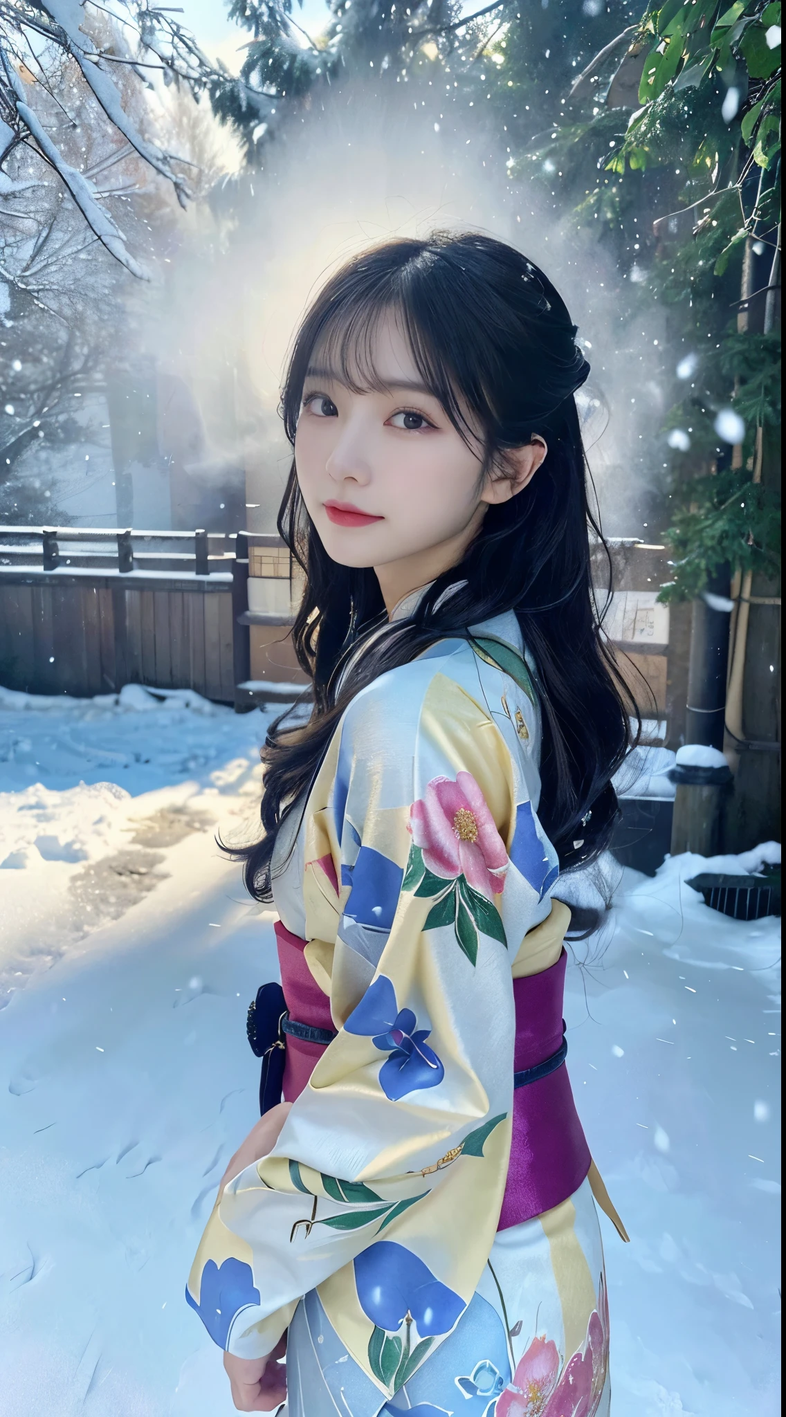 (Kimono)、、(top-quality,​masterpiece:1.3,超A high resolution,),(ultra-detailliert,Caustics),(Photorealsitic:1.4,RAW shooting,)Ultra-realistic capture,A highly detailed,high-definition16Kfor human skin、 Skin texture is natural、、The skin looks healthy with an even tone, đùi, Use natural light and color,One Woman,japanes,,kawaii,A dark-haired,Middle hair,(depth of fields、chromatic abberation、、Wide range of lighting、Natural Shading、)、、(Falling snow:1.2)、(Hair swaying in the wind:1.2)、(Snow reflects light:1.2)、back lighting