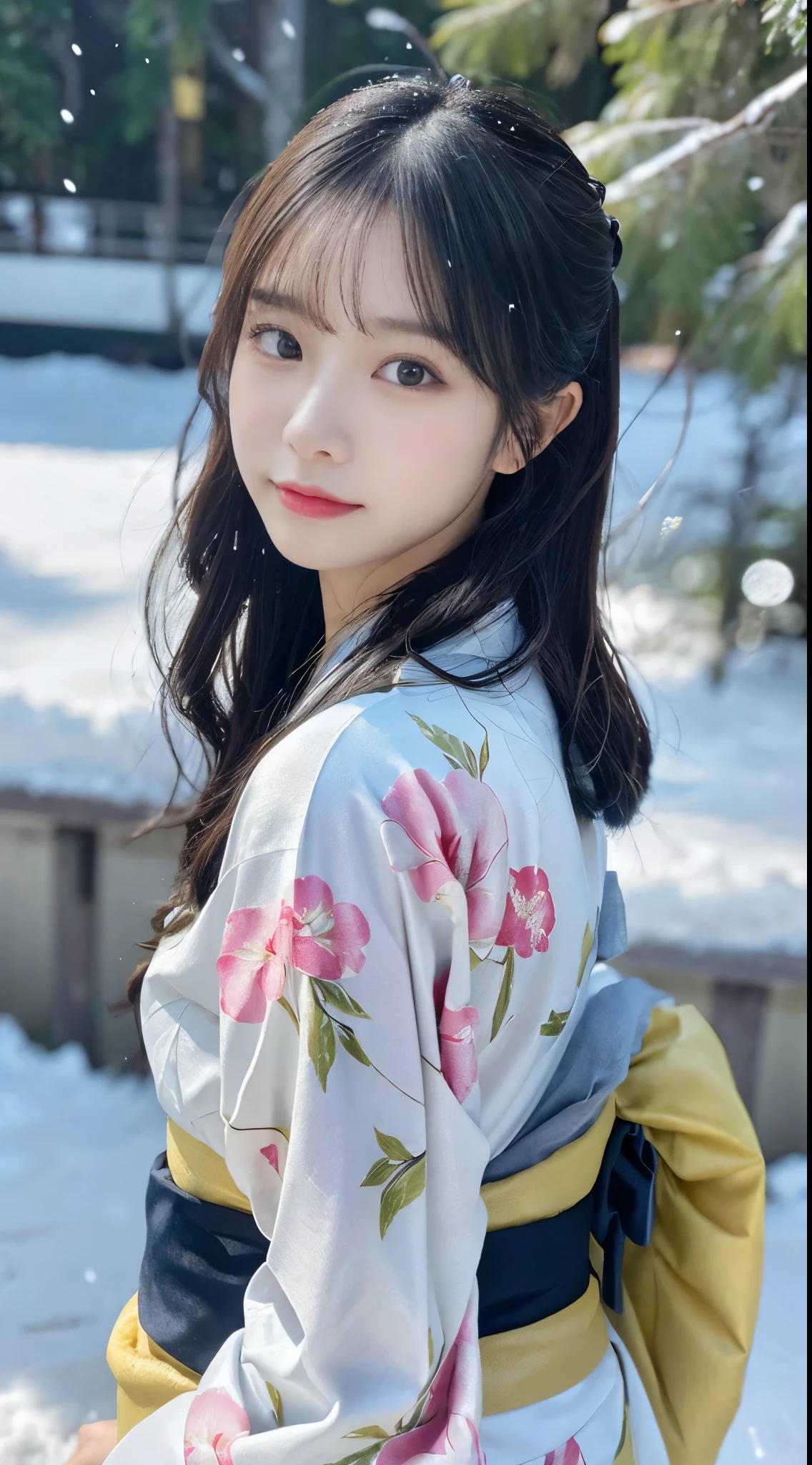 (Kimono)、、(top-quality,masterpiece:1.3,超A high resolution,),(ultra-detailliert,Caustics),(Photorealsitic:1.4,RAW shooting,)Ultra-realistic capture,A highly detailed,high-definition16Kfor human skin、 Skin texture is natural、、The skin looks healthy with an even tone, đùi, Use natural light and color,One Woman,japanes,,kawaii,A dark-haired,Middle hair,(depth of fields、chromatic abberation、、Wide range of lighting、Natural Shading、)、、(Falling snow:1.2)、(Hair swaying in the wind:1.2)、(Snow reflects light:1.2)、back lighting
