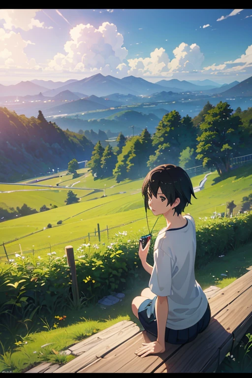(best quality,4k,8k,highres,masterpiece:1.2),ultra-detailed,(realistic,photorealistic,photo-realistic:1.37),landscape,Ghibli Studio's sunlit,countryside scenery in anime style,beautiful and peaceful anime scene,Makoto Shinkai's sincere touch,anime scenery,beautiful anime scenery,beautiful anime scene,Ghibli Studio's sky,anime scenery,Makoto Shinkai's style,screenshot from animated movie,Makoto Shinkai Studio