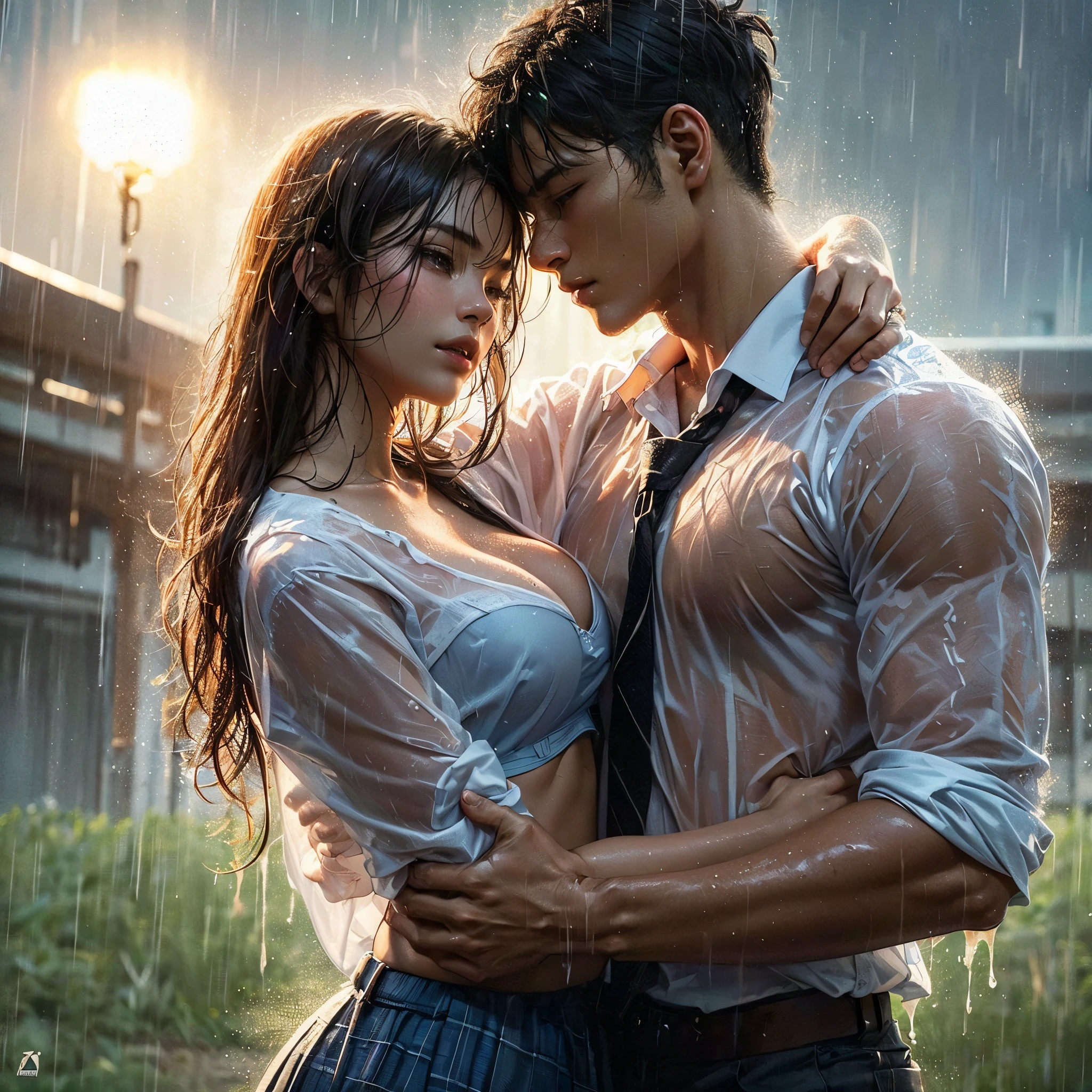 realistic art, there are (woman with large round breast wearing black luxury bra) and her (((handsome muscular short hair masculine alpha male boyfriend))) in a indonesian school uniform hugging in the rain, ((wet messy shirt show black bra under shirt)), wet skirt, pretty girl at school field, raining, thai girl, raining award winning photo, school girl, at evening, wet from rain, rainy wet, beautifull , hand behind head, masterpiece, best quality:1.2),,(8k,highres,RAW photo,realistic,photo-realistic:1.3),(detailed skin texture,detailed cloth texture,beautiful detailed face:1.25),professional lighting,photon mapping,beautiful soft light,radiosity,physically-based rendering,raytracing, model shoot style, model shoot style, (extremely detailed CG unity 8k wallpaper), full shot body photo of the most beautiful artwork in the world, ((nsfw))