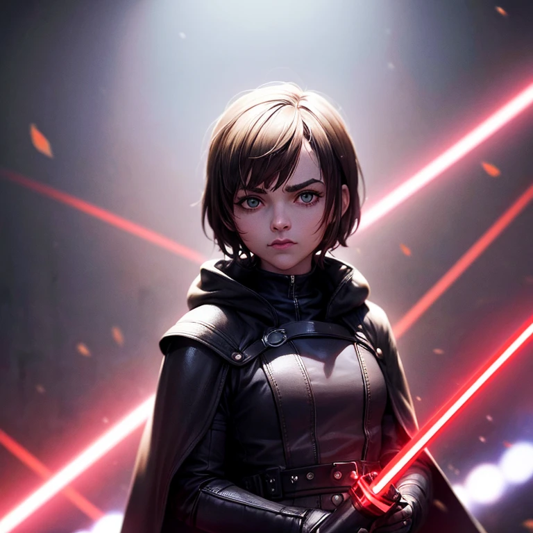 Maisie Williams, she is a Sith, dressed in a black cape, black armor and holding a red lightsaber in her right hand.