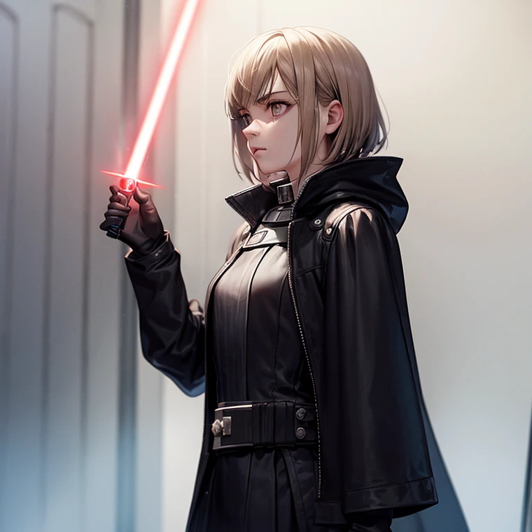The image is anime style with shadows and dim lights, anime style although somewhat adult and dark, It shows a female android, who looks to be 20 years old, She has short wavy blonde hair, smiles maliciously, while flying with lasers coming out of his hands and feet. Has bright red eyes. is beautiful, but he seems like a psychopath
