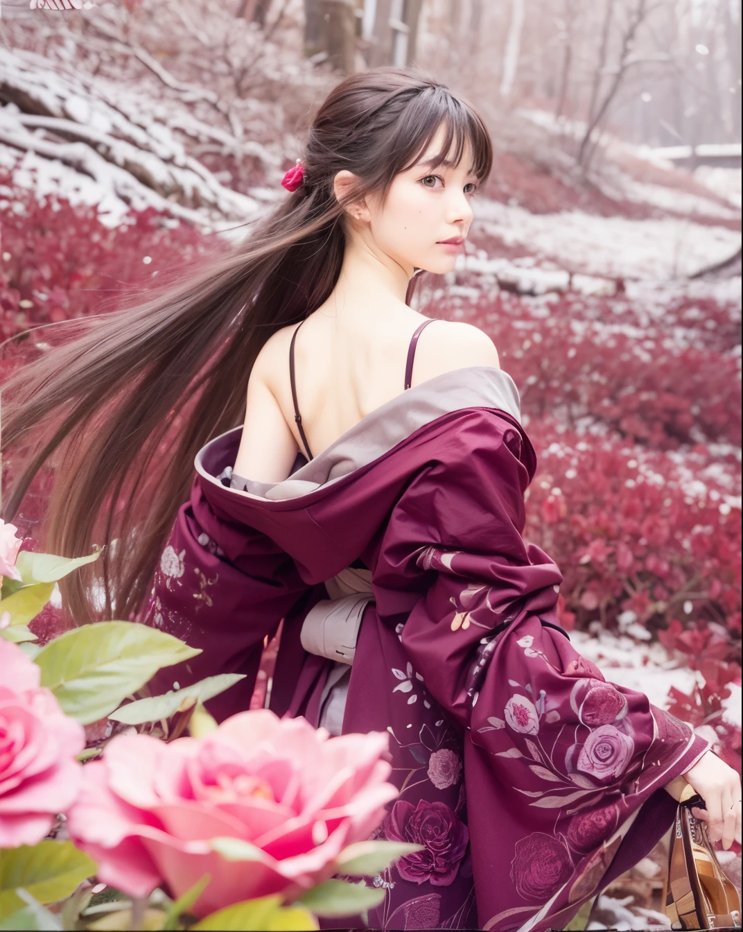 Isuzu souma, fruits basket, girl, age, burgundy kimono with rose motives, long straight hair, scar on her back, pink roses foreground, intimidative stare back