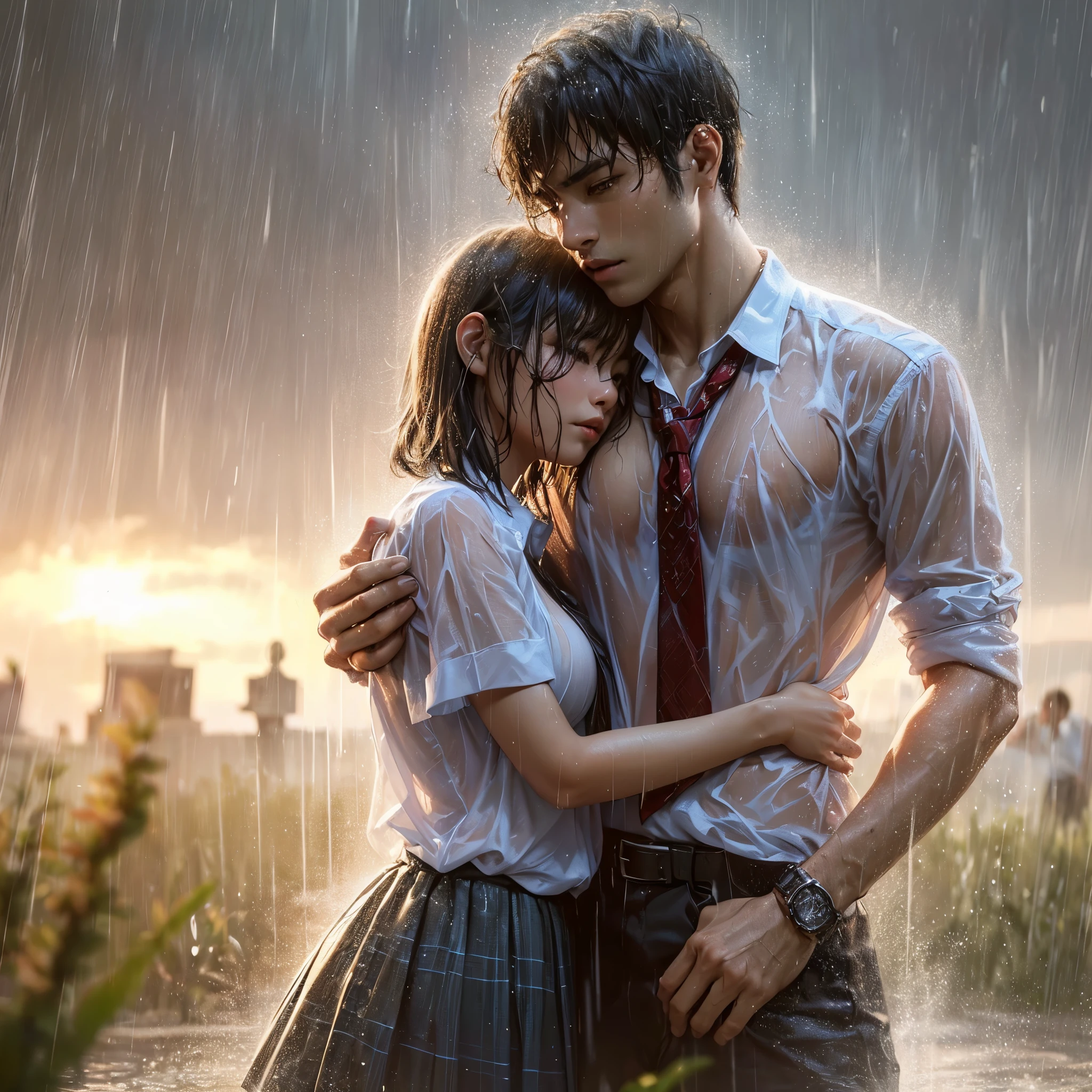 realistic art, there are (woman with large round breast wearing black luxury bra) and her (((handsome muscular short hair masculine alpha male boyfriend))) in a indonesian school uniform hugging in the rain, ((wet messy shirt show black bra under shirt)), wet skirt, pretty girl at school field, raining, thai girl, raining award winning photo, school girl, at evening, wet from rain, rainy wet, beautifull , hand behind head, masterpiece, best quality:1.2),,(8k,highres,RAW photo,realistic,photo-realistic:1.3),(detailed skin texture,detailed cloth texture,beautiful detailed face:1.25),professional lighting,photon mapping,beautiful soft light,radiosity,physically-based rendering,raytracing, model shoot style, model shoot style, (extremely detailed CG unity 8k wallpaper), full shot body photo of the most beautiful artwork in the world, ((nsfw))