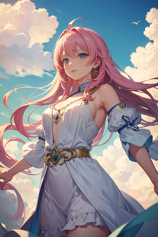 (masterpiece, high quality, best quality, 4k, 8k:1.4), 1girl, solo, pink hair, brown eyes, double-parted bangs, long hair, (mature female, mature:1.2), mole under eye, hoop earrings, white and gold dress, detailed face, beautiful detailed eyes, beautiful detailed lips, extremely detailed face, long eyelashes, intricate details, soft lighting, soft color pallette, perfect anatomy
