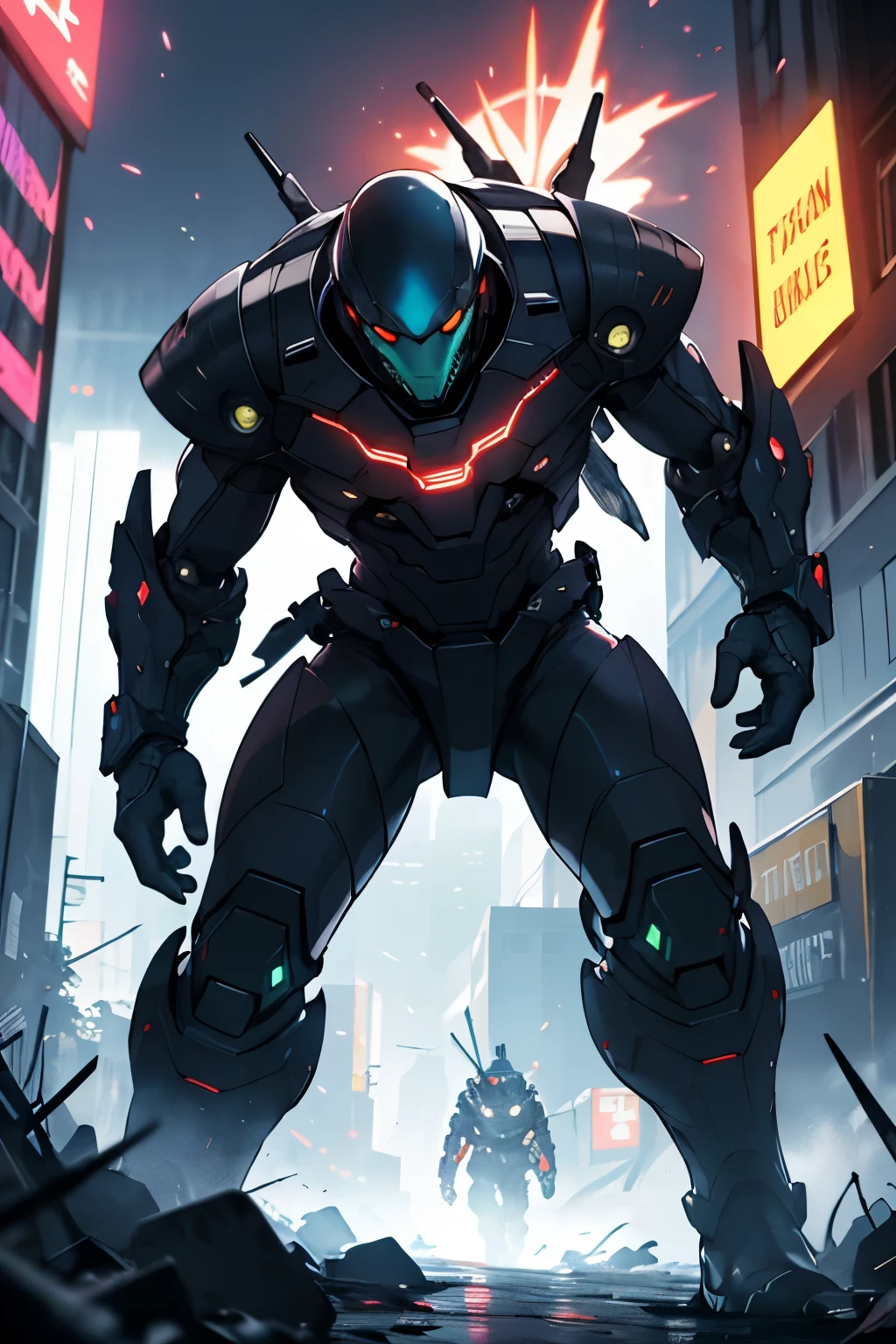 "spine-chilling、Intense alien invasion scene,The atmosphere is dark, dramatic lights, and drastic action. Demonstrate powerful alien creatures, advanced technique, Ruined cityscape, Panicked civilians, and a sense of imminent danger.. Generate disturbing and immersive images,Capture the chaos and horror of the otherworldly invasion. A group of humans in futuristic suits are fighting with laser guns, Bloody war, The scenario is extremely complex, Impressive intricate details, Textures displayed are extremely smooth. bright, sharp light"