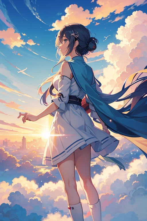There is a plane flying through the clouds in the sky, Anime Cloud, Anime Sky, anime backgrounds, Beautiful floating clouds. jpn, 蓬松的粉色Anime Cloud, 色彩缤纷的anime movie backgrounds, beautiful clouds in the sky, anime backgrounds艺术, studio ghibli sky, anime movie backgrounds, Dream Cloud, Dreamy sky, fluffy soft clouds, fantasy puffy sky, arte de fundo, Colorful clouds